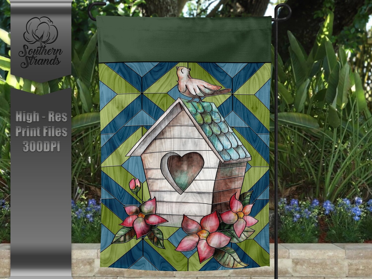 Stained Glass - Birdhouse - Garden Flag | 12x18 | Digital Design