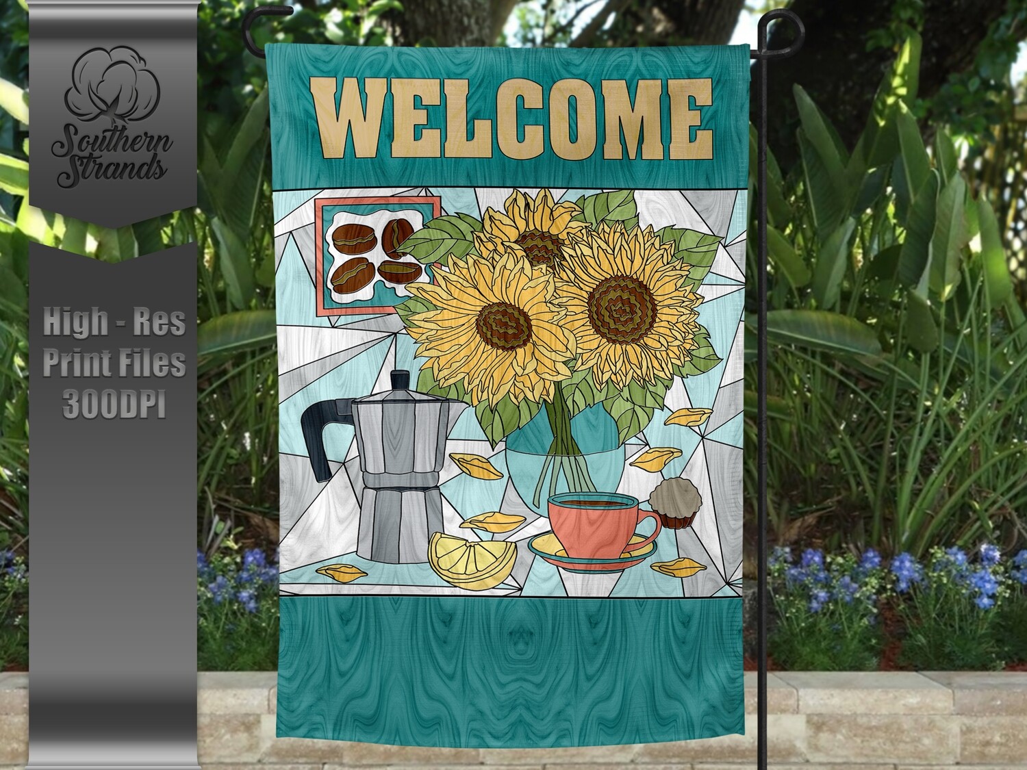 Stained Glass - Sunflowers and Coffee - Garden Flag | 12x18 | Digital Design
