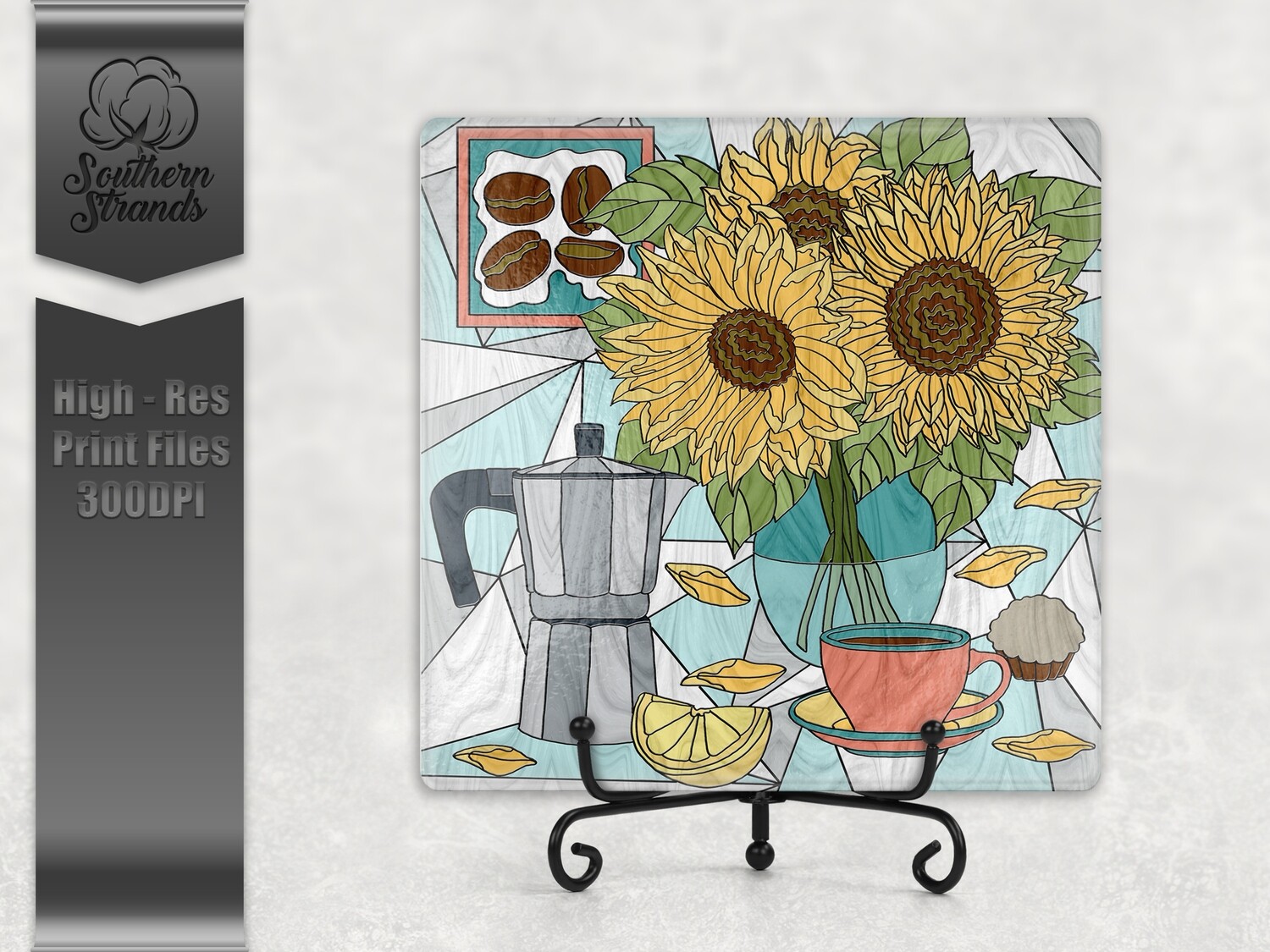 Stained Glass Sunflowers and Coffee - Square | Digital Download