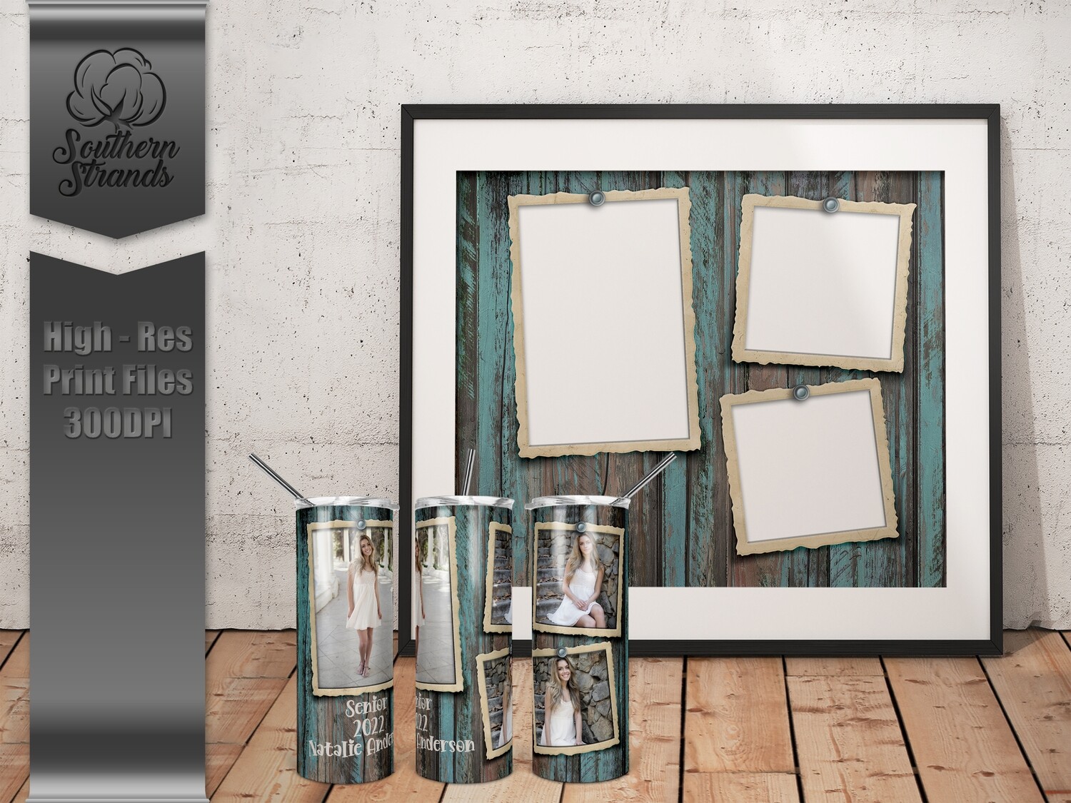 Teal Wood and Polaroids Tumbler - NO TEXT | DIGITAL DESIGN