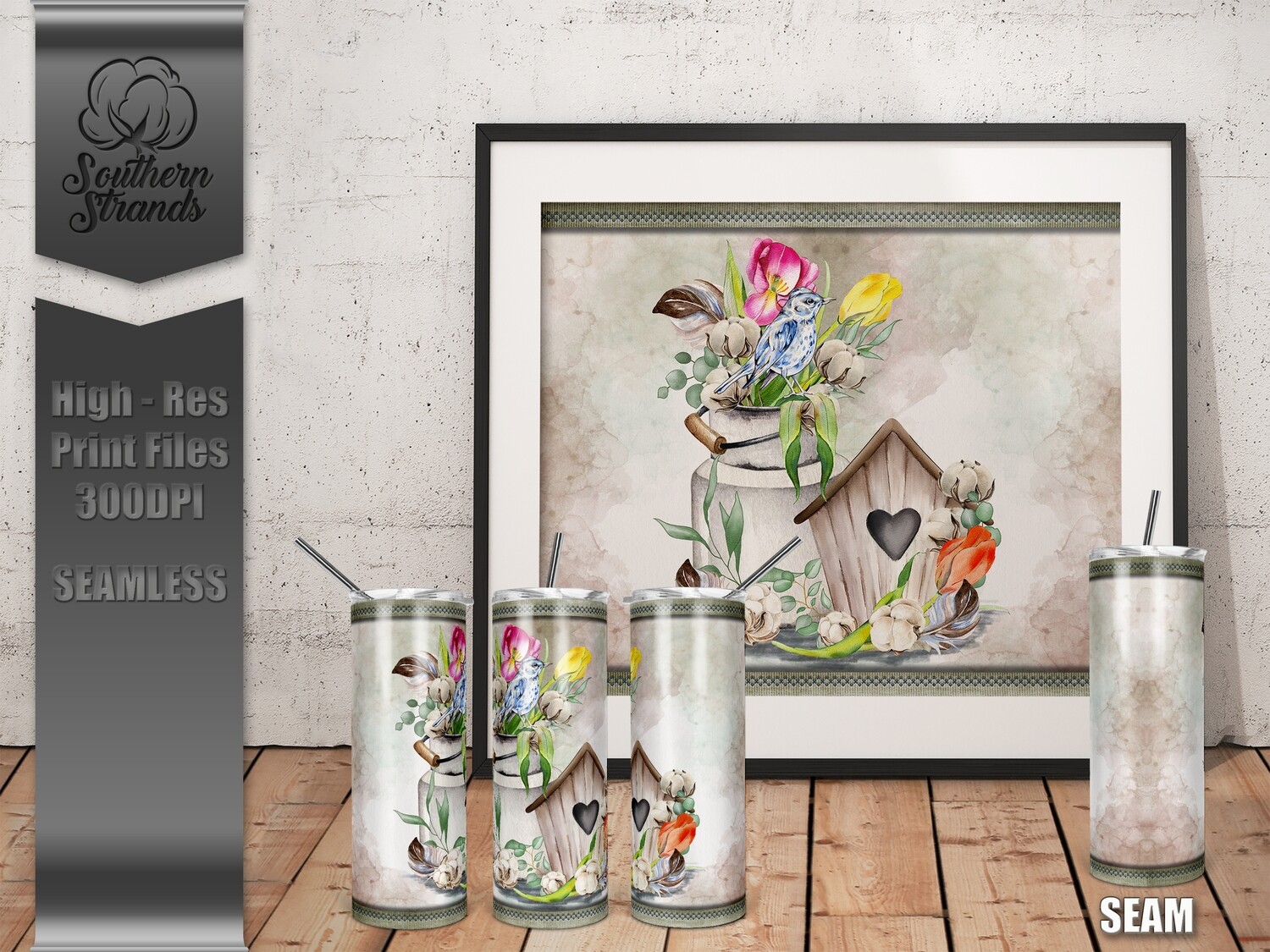 Tulips and Birds Tumbler | SEAMLESS | DIGITAL DESIGN