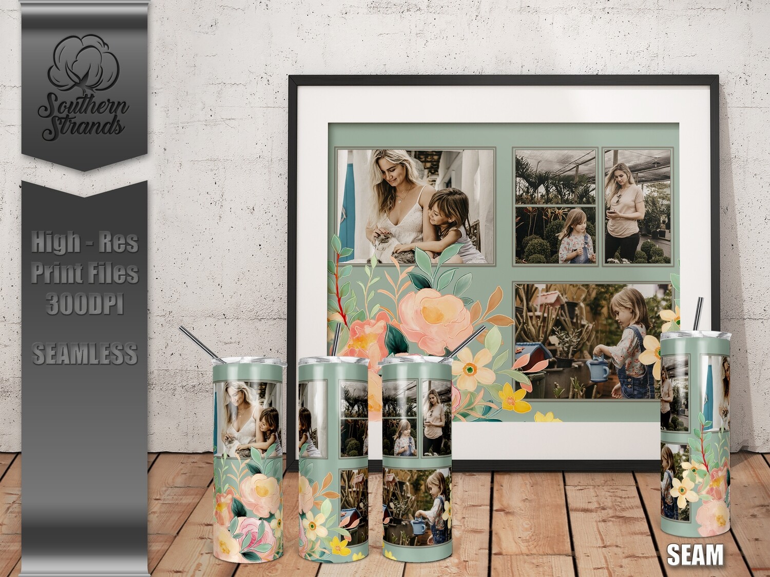 Watercolor Spring Photo Tumbler - Green | SEAMLESS | DIGITAL DESIGN