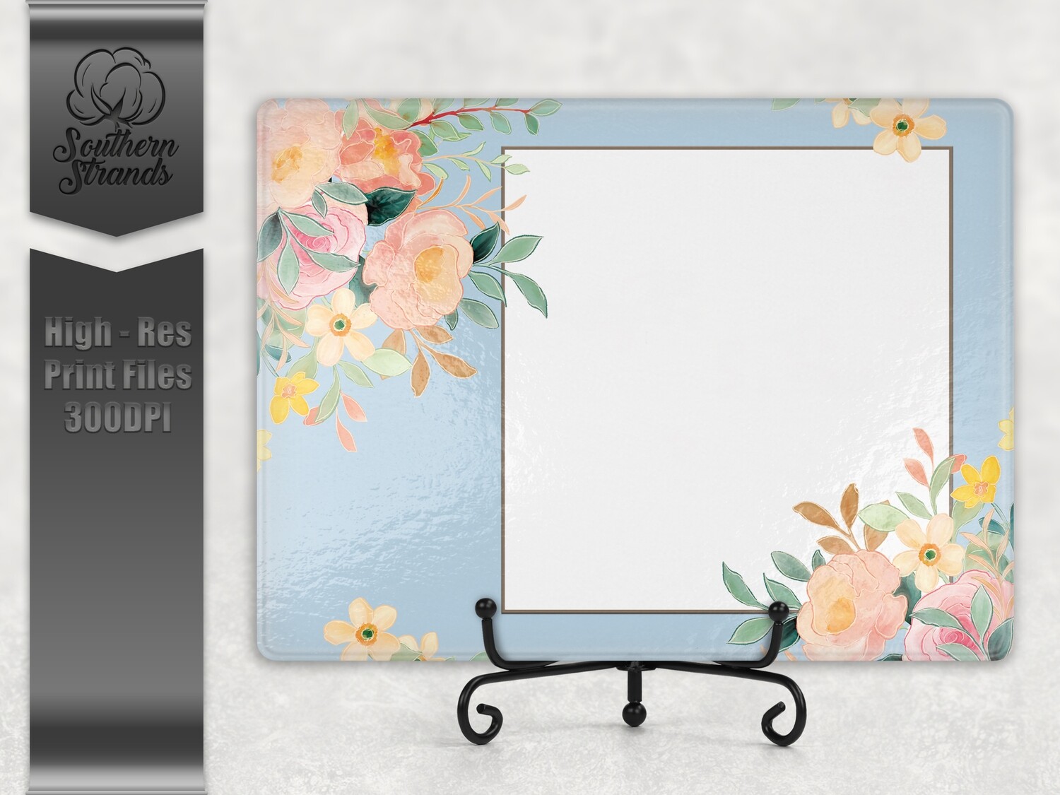 Watercolor Spring Floral Cutting Board - Blue Add You Own Photo | 2 sizes