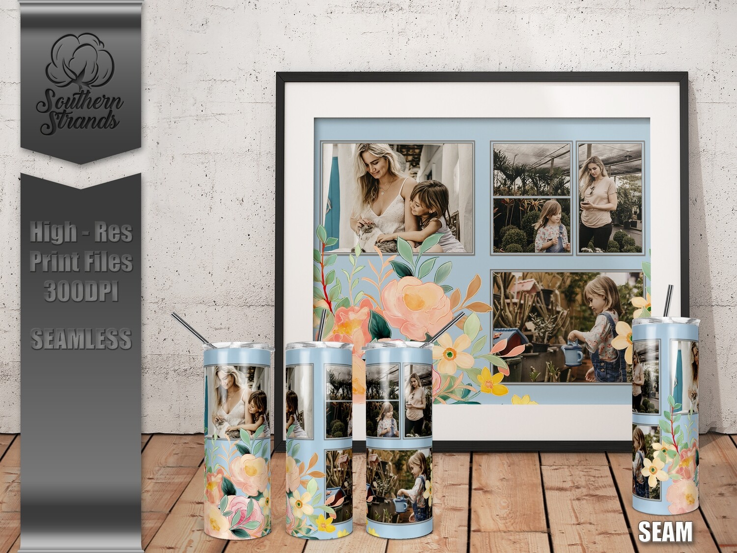 Watercolor Spring Photo Tumbler - Blue | SEAMLESS | DIGITAL DESIGN