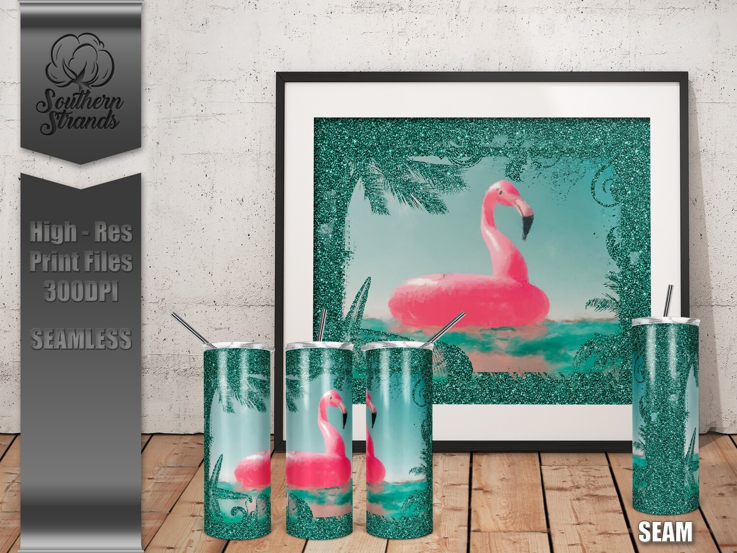 Watercolor_Flamingo_Tumbler Glitter - Seamless | DIGITAL DESIGN