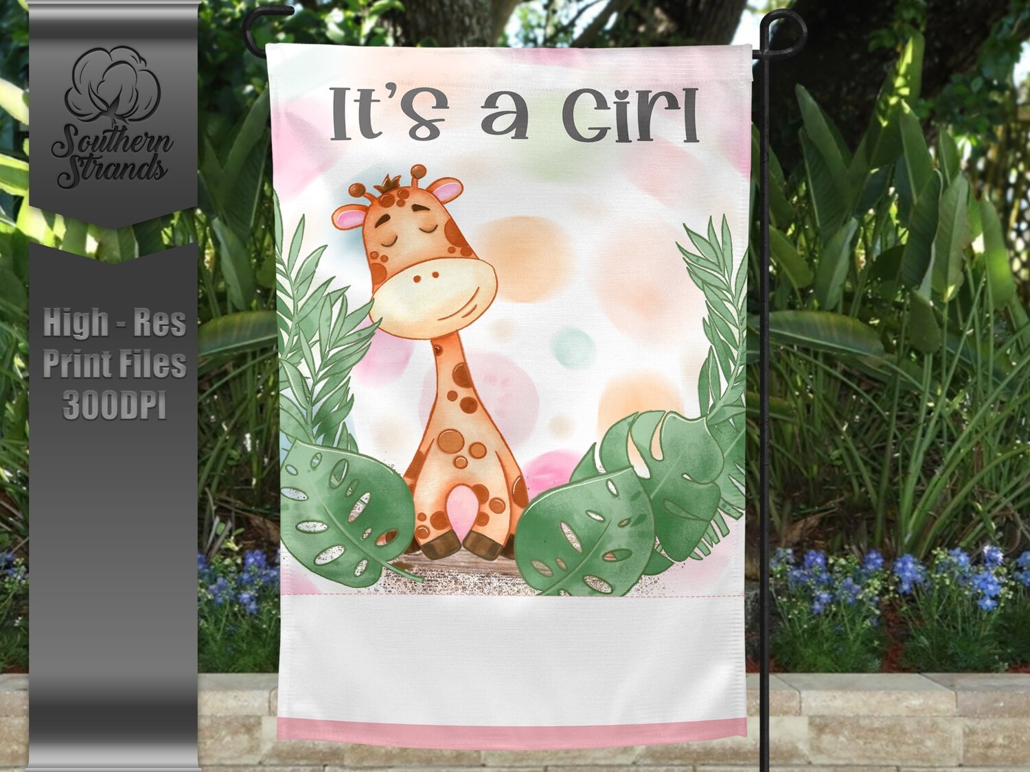 Baby Giraffe Garden Flag - Birth Announcement - Pink | 12x18 | DIGITAL DESIGN