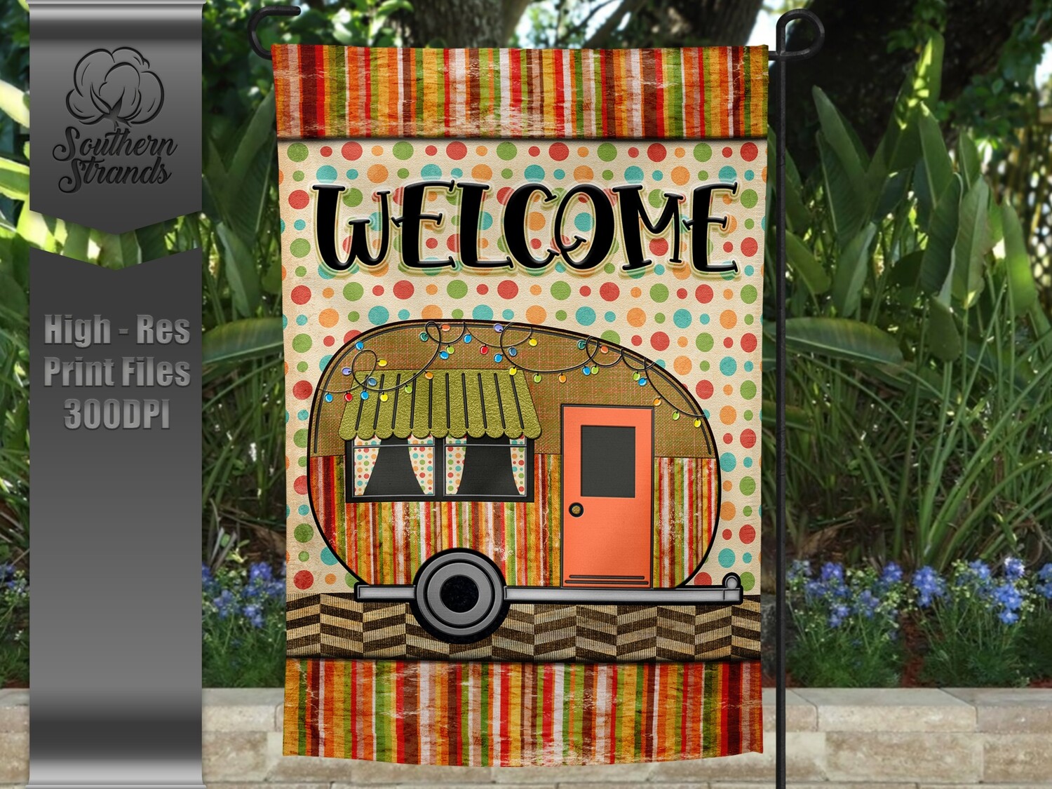 Stripes and Lights Camper - Garden Flag - Welcome | 12x18 | DIGITAL DESIGN