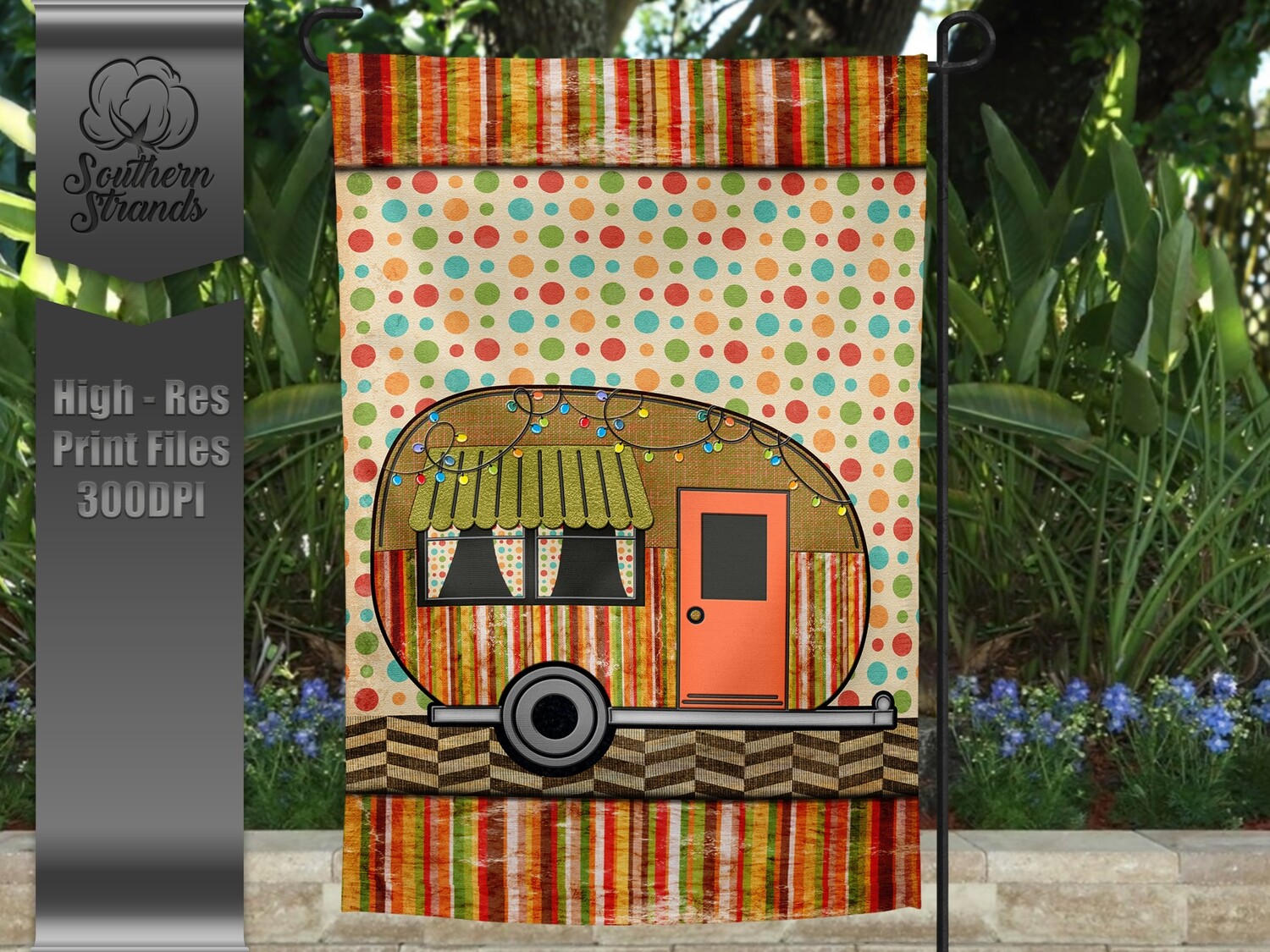 Stripes and Lights Camper - Garden Flag - Add Your Own Text | 12x18 | DIGITAL DESIGN