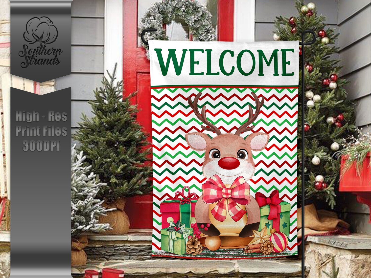 Reindeer Christmas Bell WELCOME - Garden Flag - | 12x18 | DIGITAL DESIGN