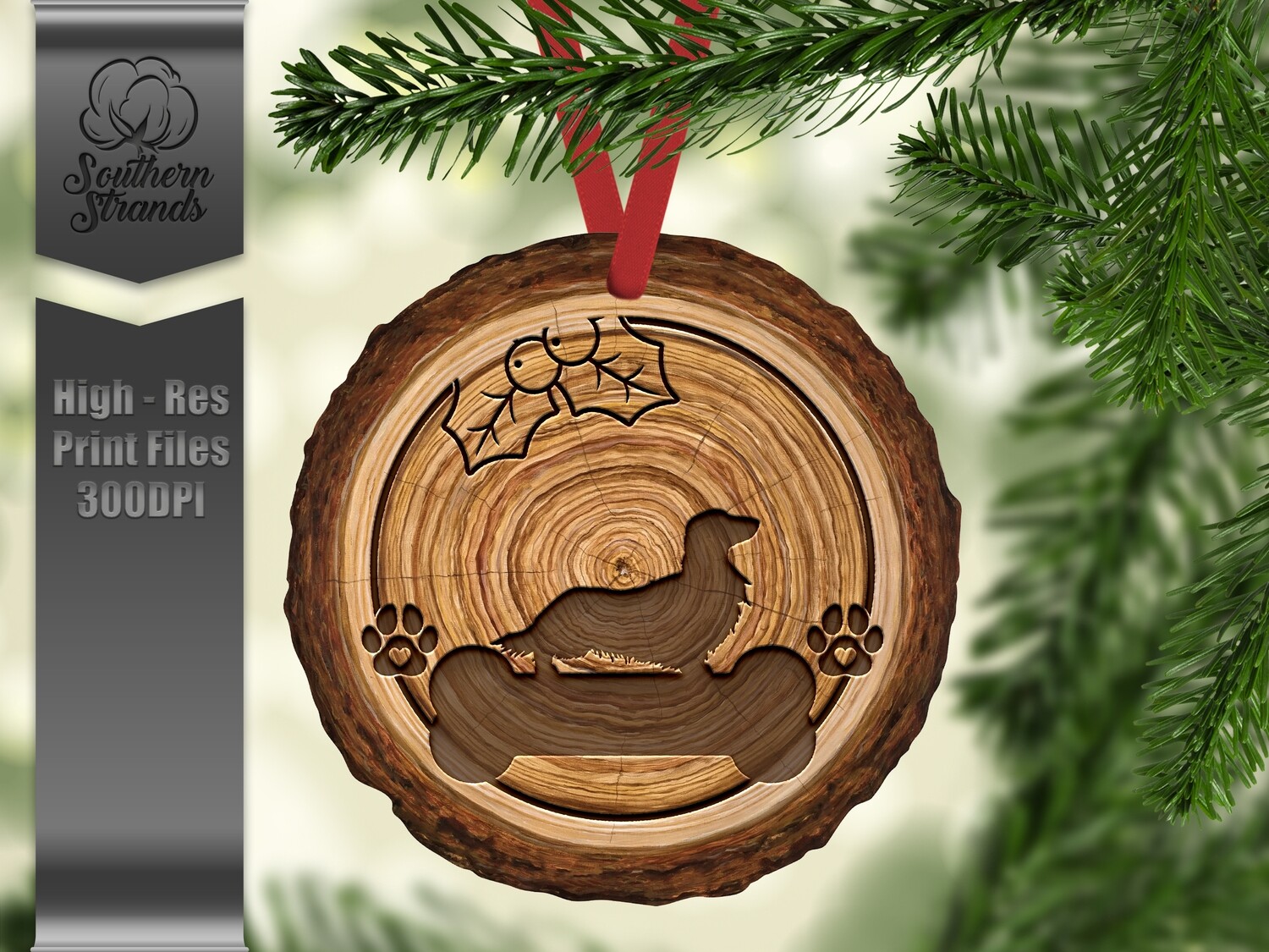 Wood Slice Dog Ornament - Long Haired Dachshund + One Blank - add your own personalization | DIGITAL DESIGN