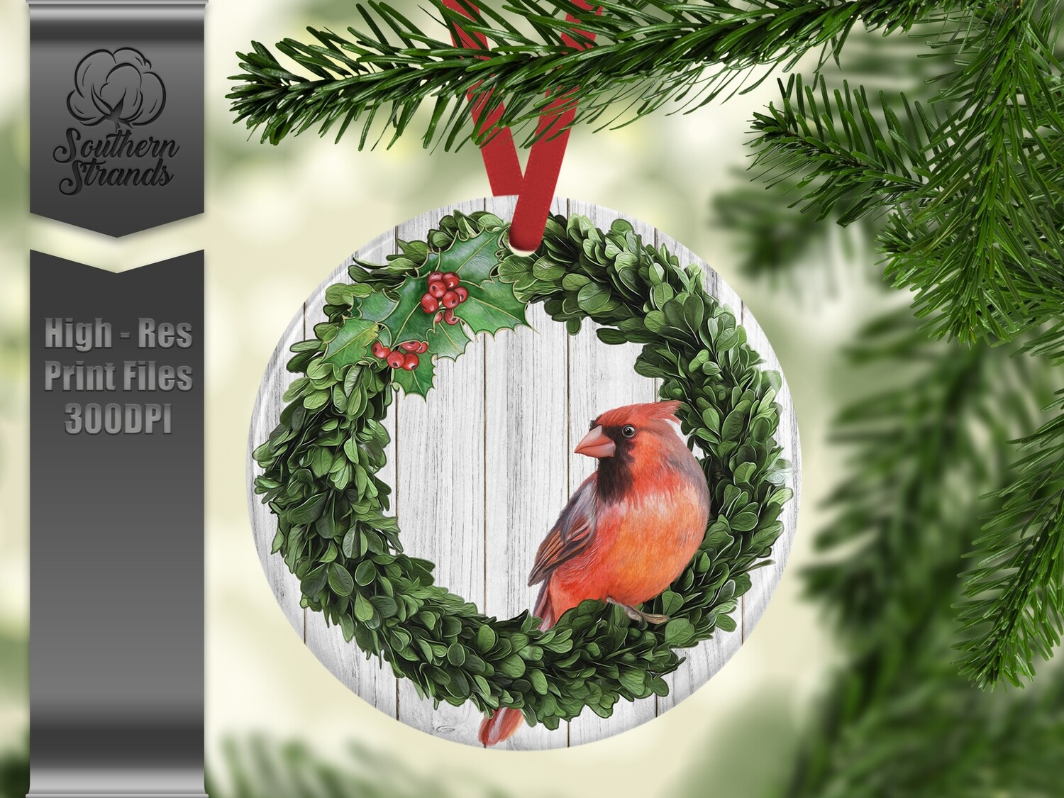 Boxwood and Cardinal Memorial Ornament 1 - Add Your Own Photo - Add Your Own Personalization | DIGITAL DESIGN