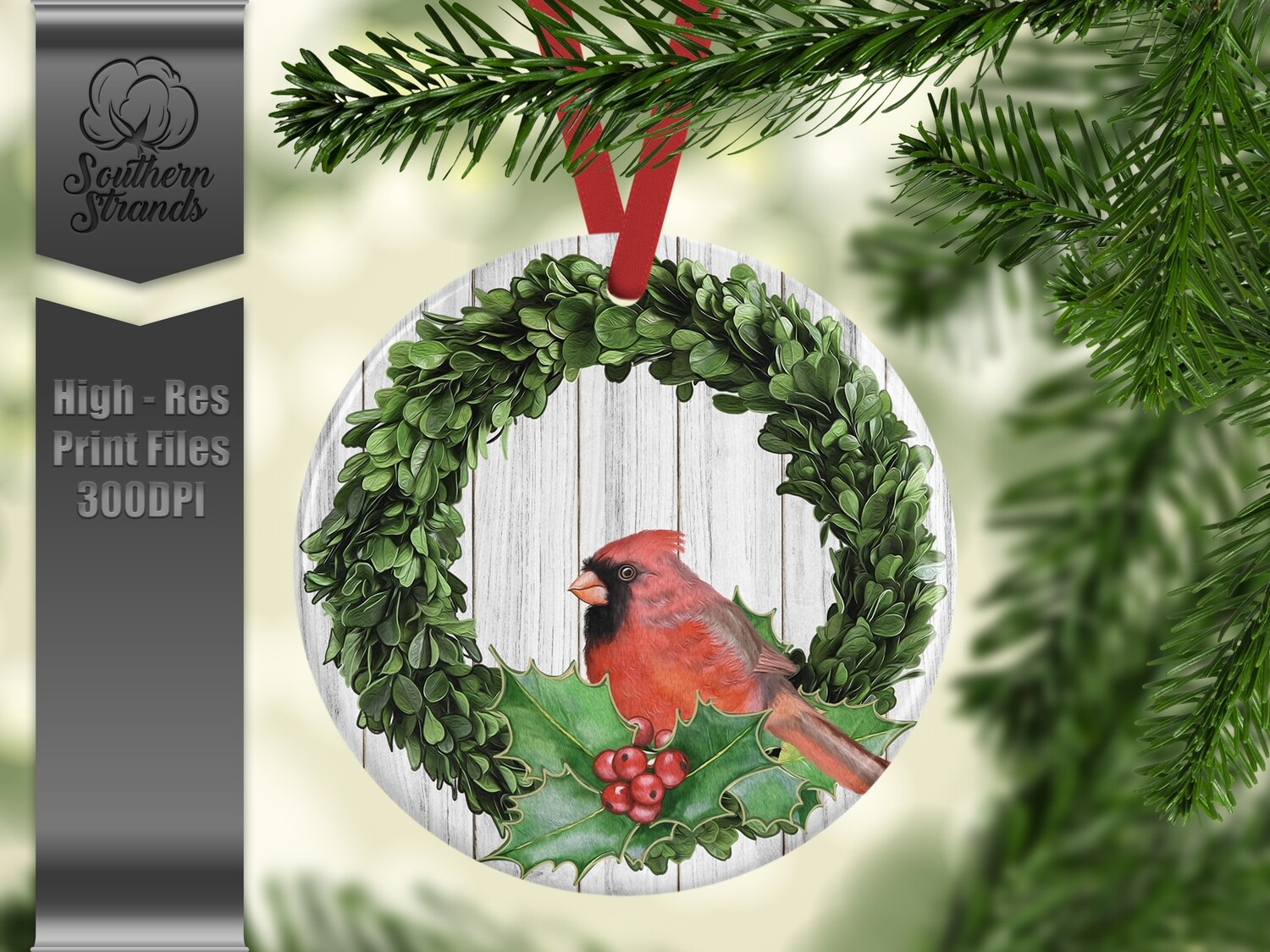 Boxwood and Cardinal Memorial Ornament 2 - Add Your Own Photo - Add Your Own Personalization | DIGITAL DESIGN