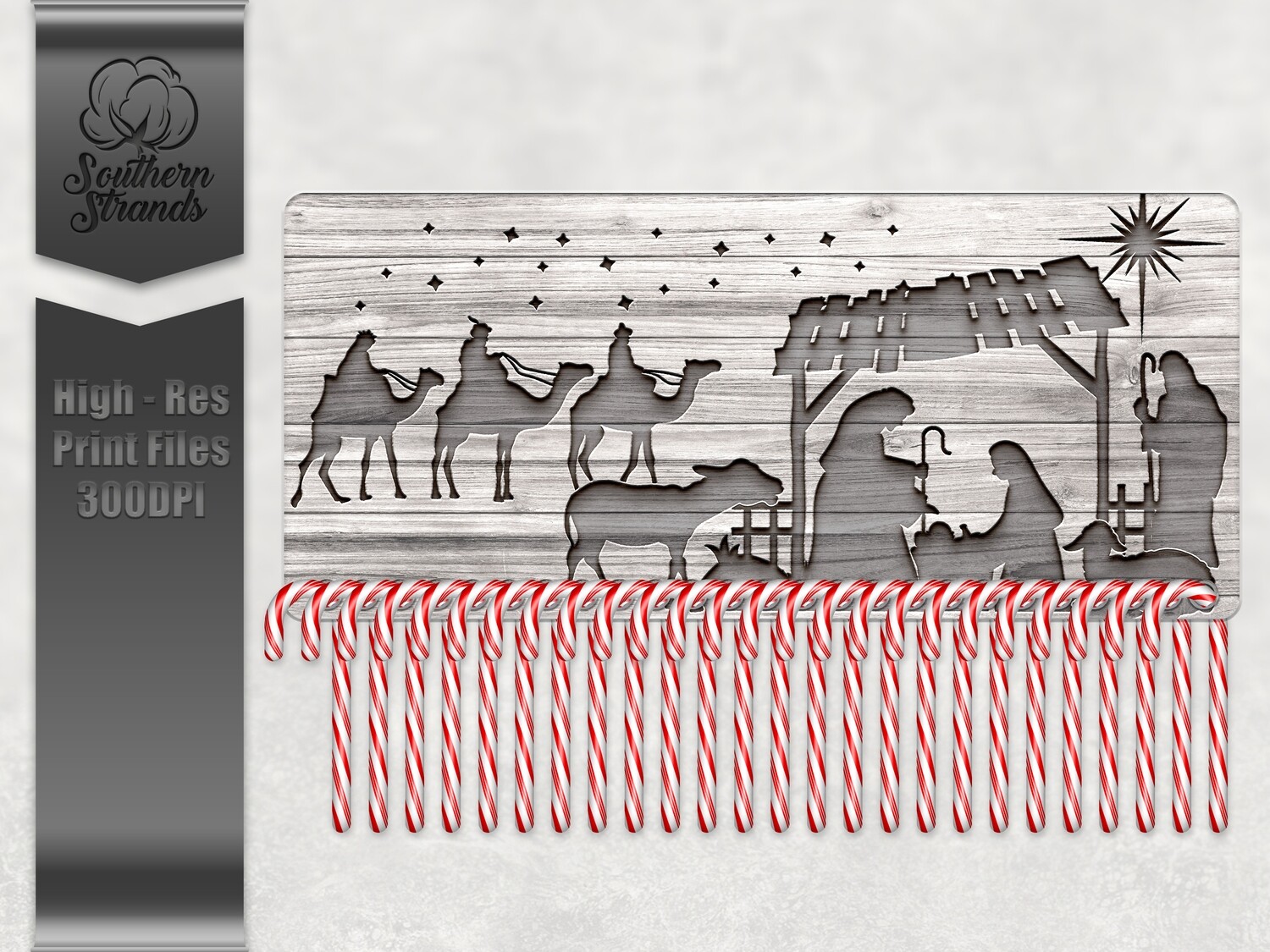 Countdown To Christmas Candy Cane Board Nativity Grey Wood - 18x8 - Add Your Own Personalization | DIGITAL DESIGN