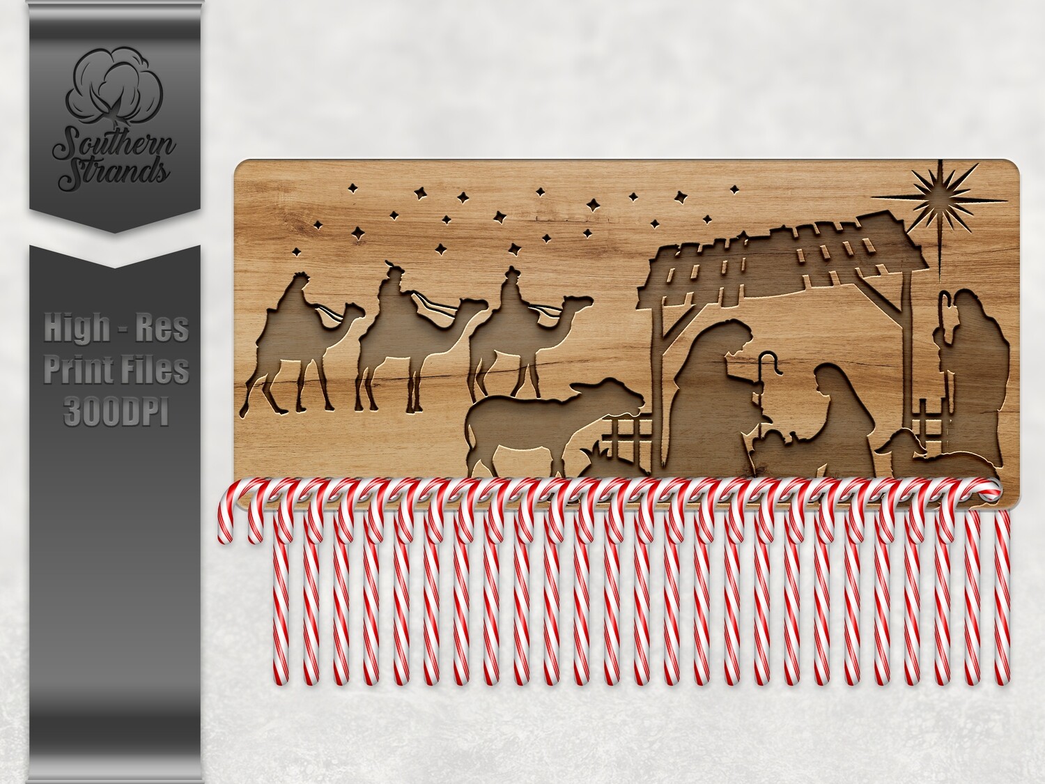 Countdown To Christmas Candy Cane Board Nativity Golden Wood - 18x8 - Add Your Own Personalization | DIGITAL DESIGN