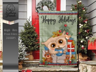 AAP EXCLUSIVE | Christmas Owl Garden Flag - Happy Holidays | 12x18 | DIGITAL DESIGN