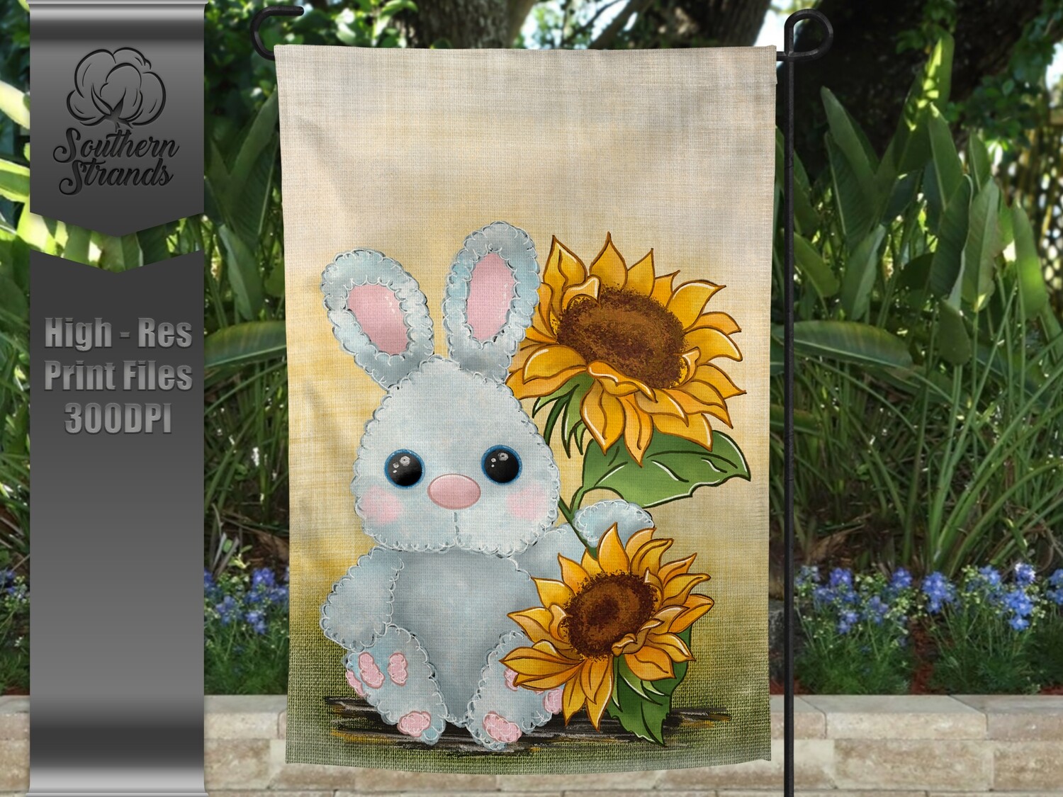 Sunflowers Pink Bunny Garden Flag |  DIGITAL DESIGN