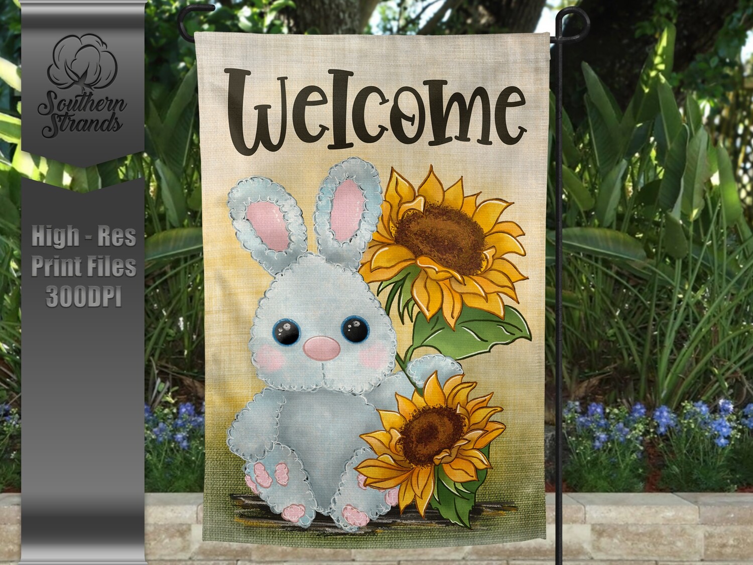 Sunflowers Pink Bunny Garden Flag - Welcome |  DIGITAL DESIGN