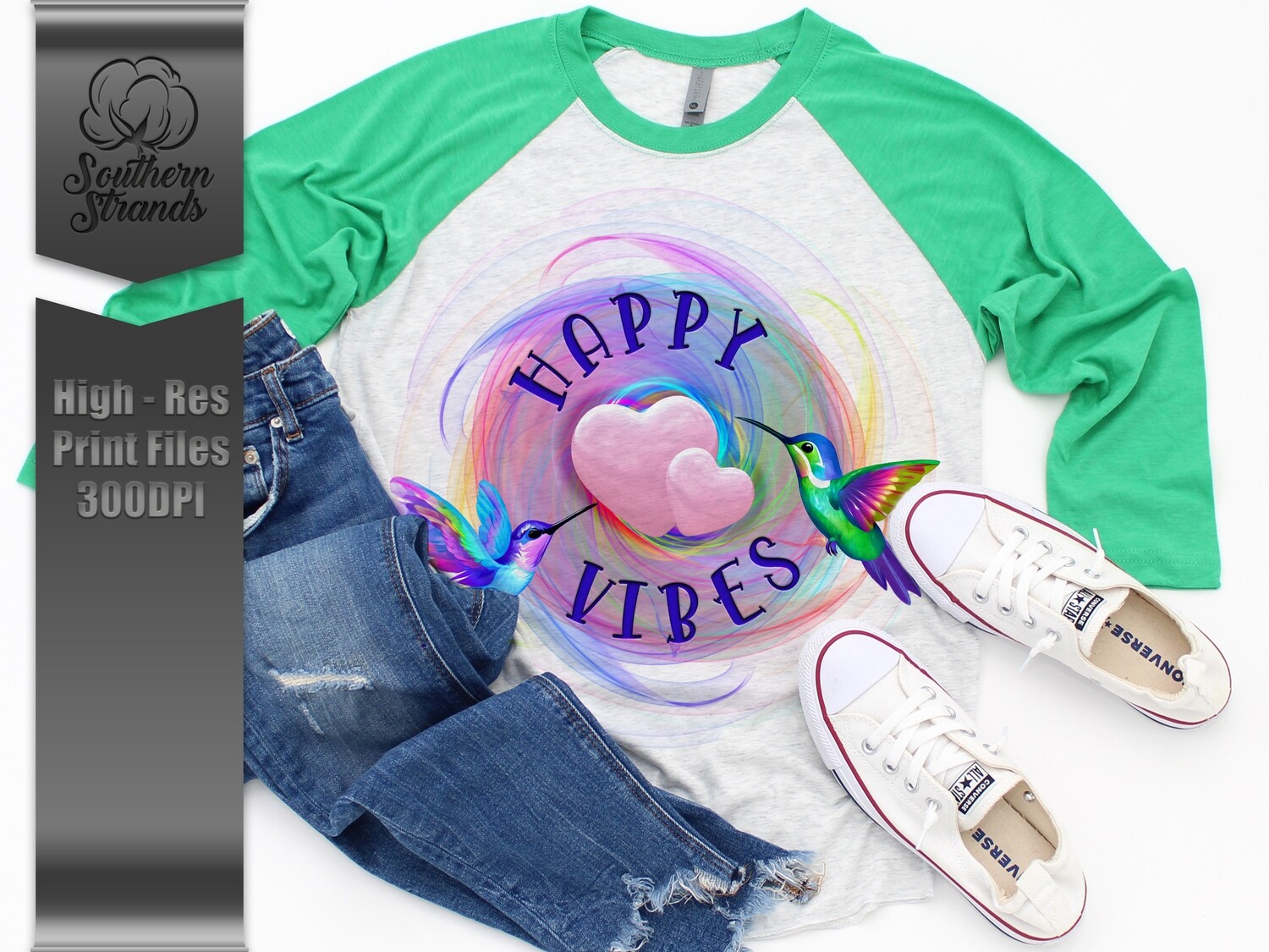 Colorful Swirls and Hummingbirds - Happy Vibes - With and Without Text |  DIGITAL DESIGN