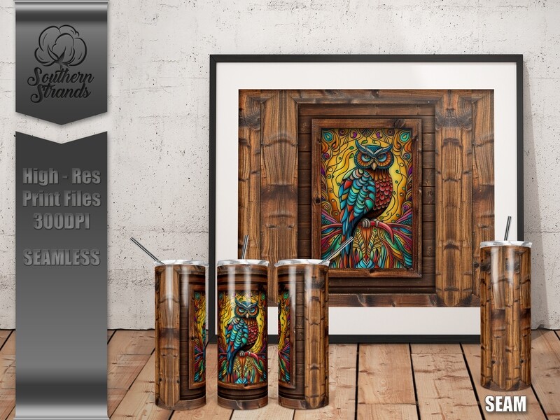 AAP EXCLUSIVE - Framed Stained Glass Owl - Tumbler 20oz | SEAMLESS |  DIGITAL DESIGN