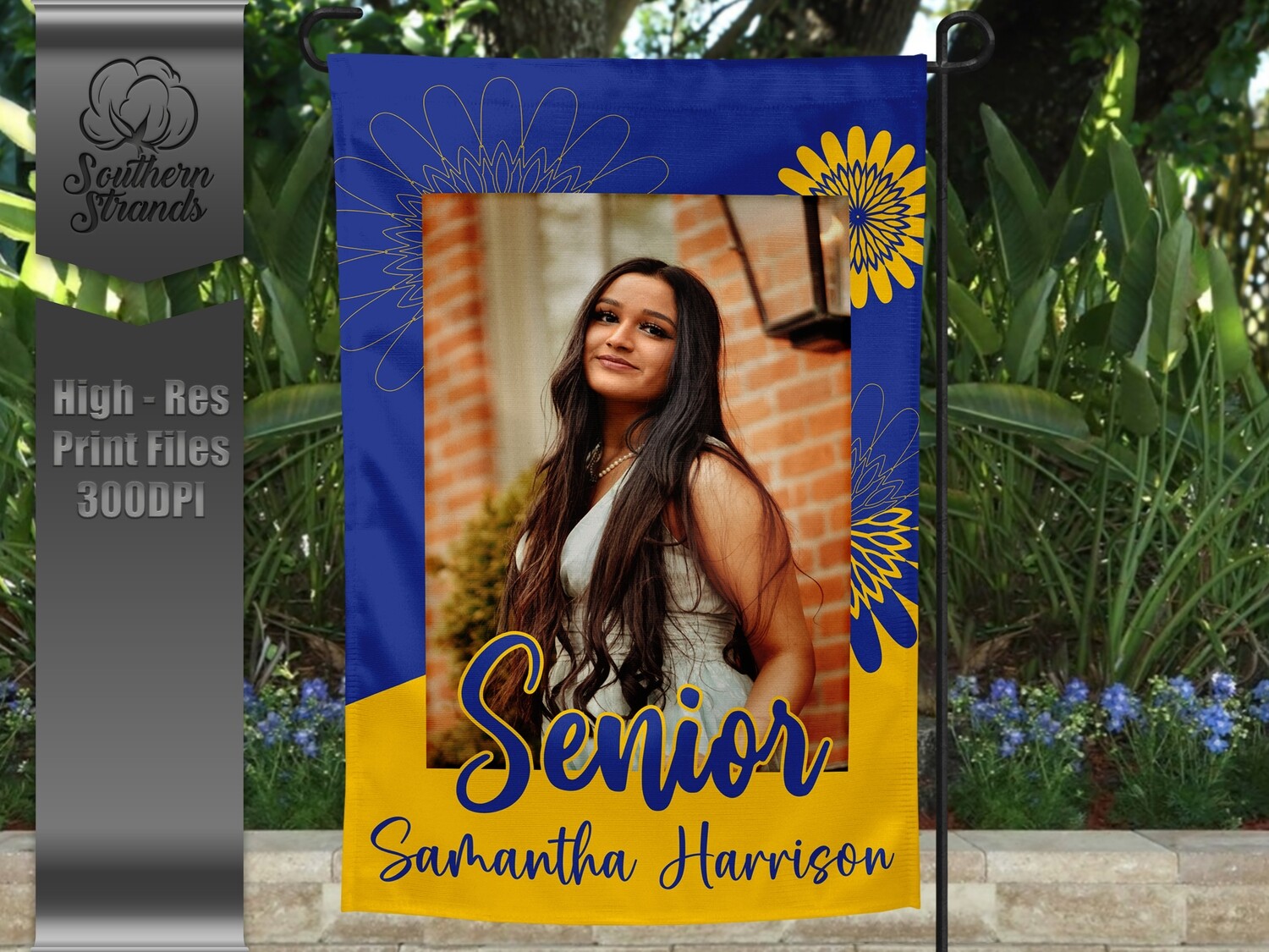 Senior Garden Flag - Flowers - Royal and Gold |  DIGITAL DESIGN