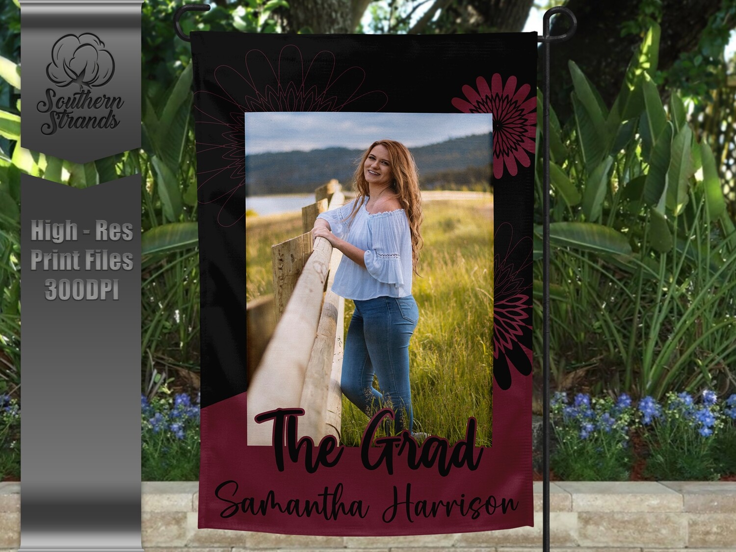 The Grad Garden Flag - Flowers - Maroon and Black |  DIGITAL DESIGN