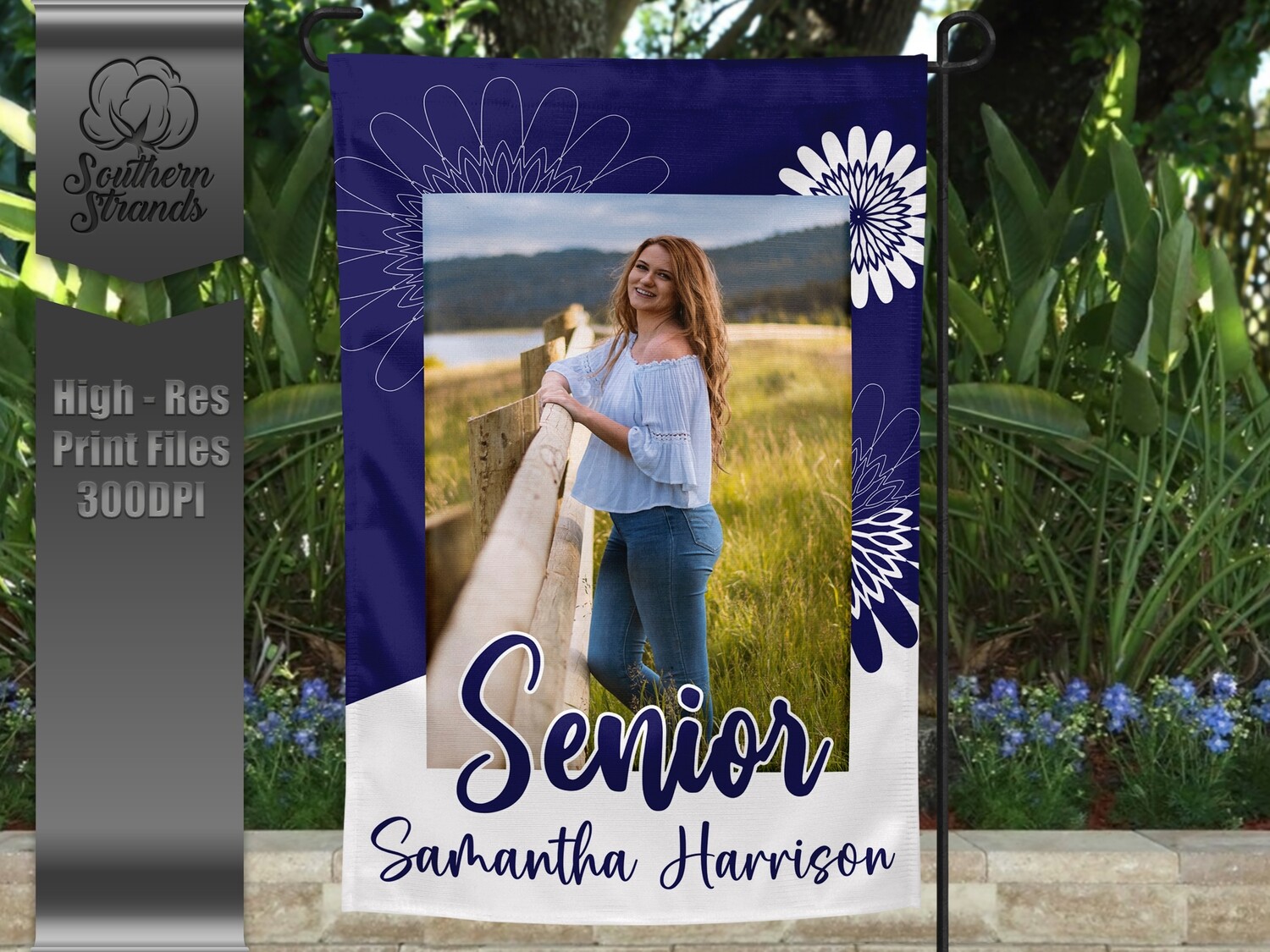 Senior Garden Flag - Flowers - Navy and White |  DIGITAL DESIGN