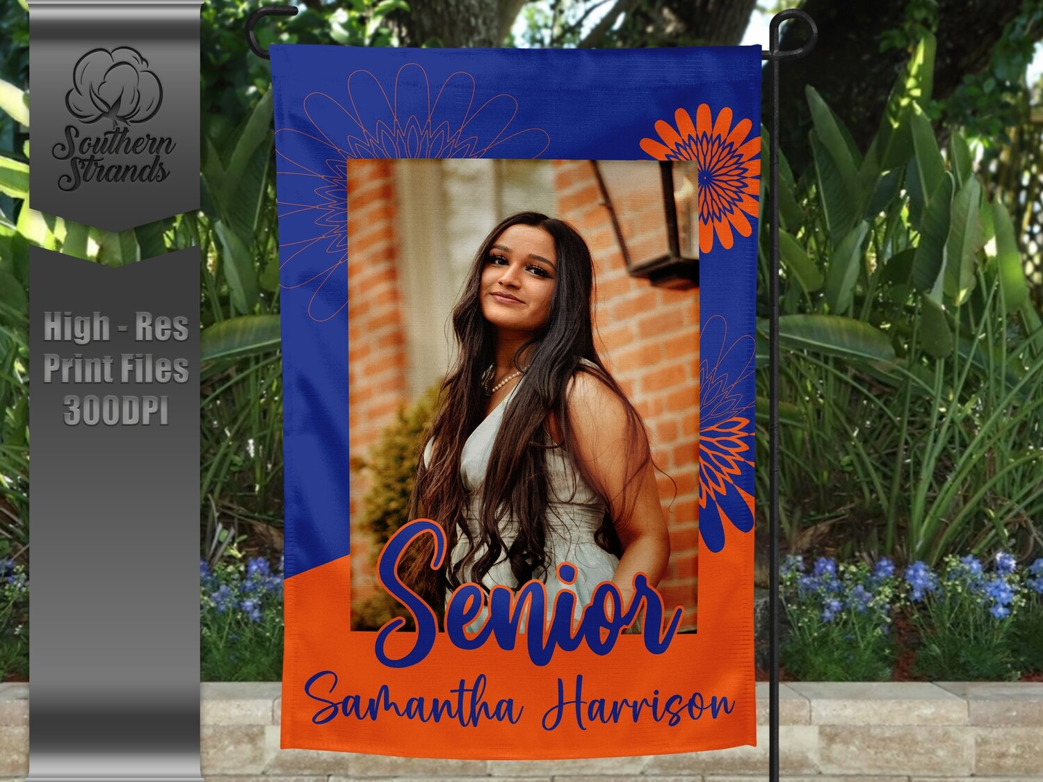 Senior Garden Flag - Flowers - Royal and Orange |  DIGITAL DESIGN
