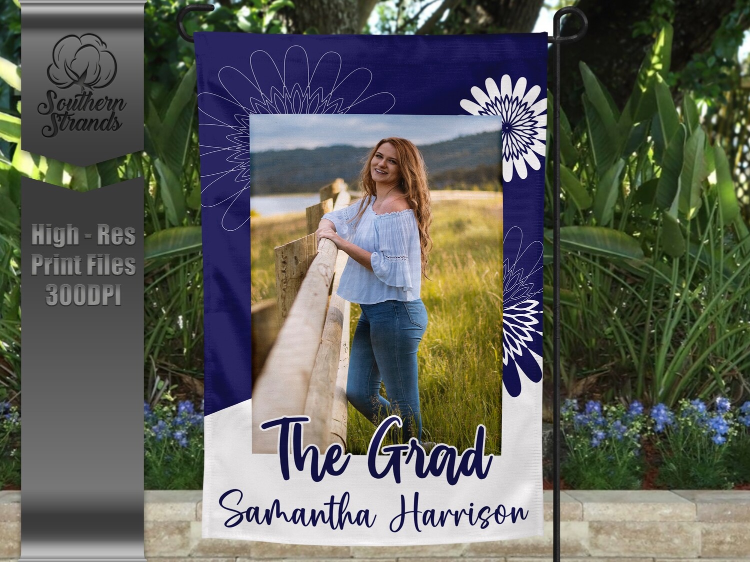The Grad Garden Flag - Flowers - Navy and White |  DIGITAL DESIGN