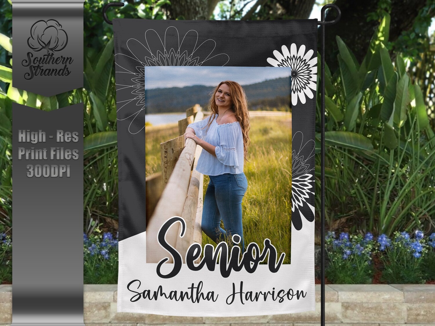 Senior Garden Flag - Flowers - Grey and White |  DIGITAL DESIGN