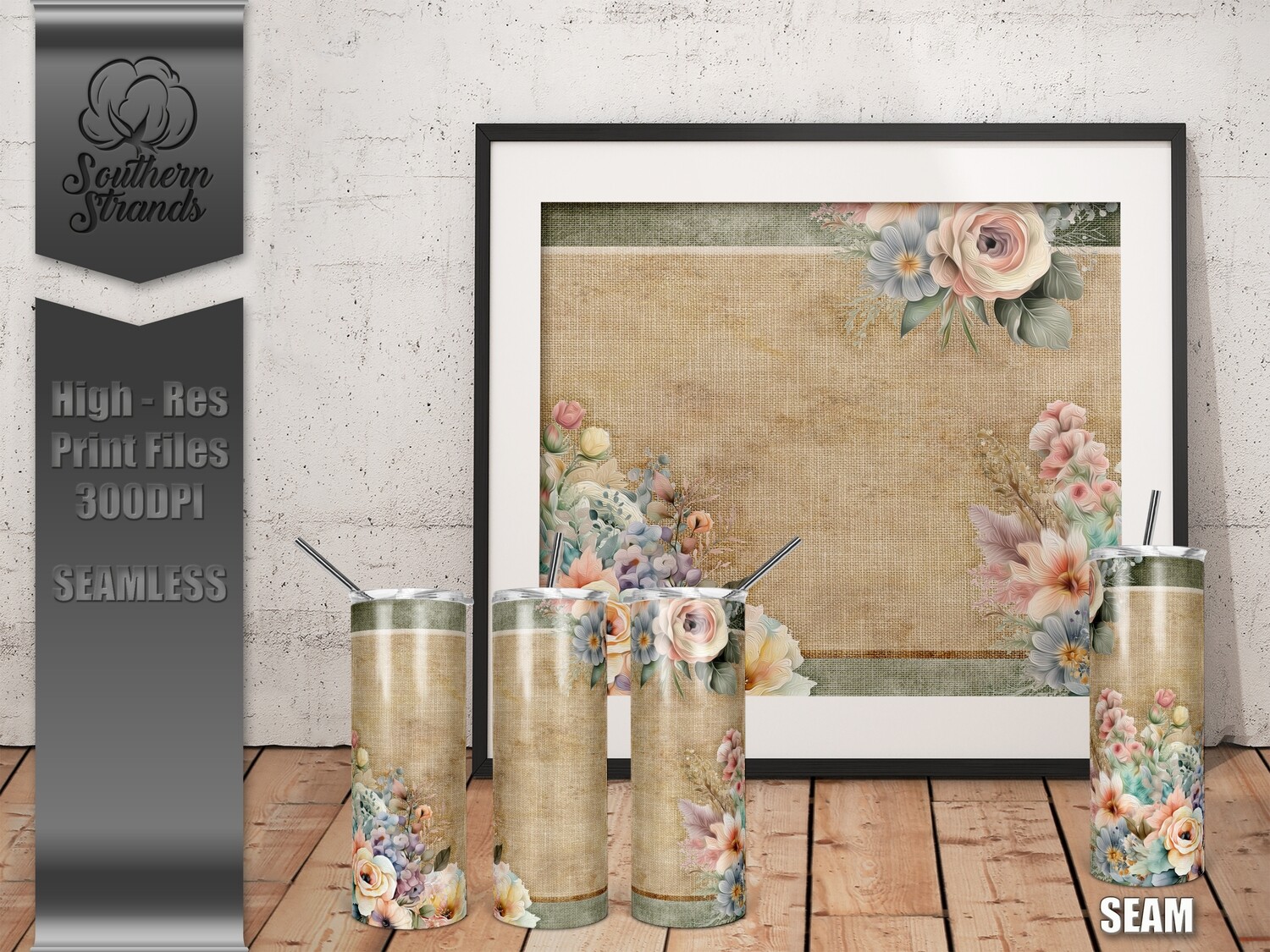 Painted Flowers and Linen - Tumbler 20oz | SEAMLESS |  DIGITAL DESIGN