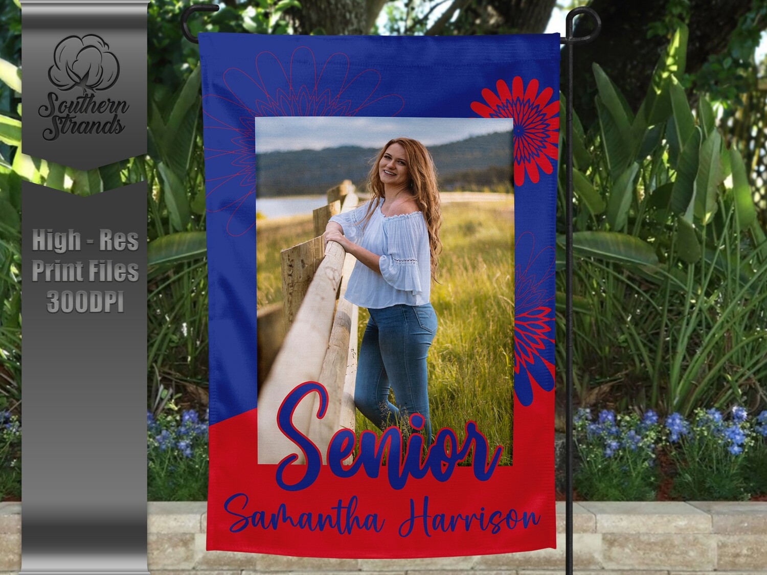 Senior Garden Flag - Flowers - Royal and Red |  DIGITAL DESIGN