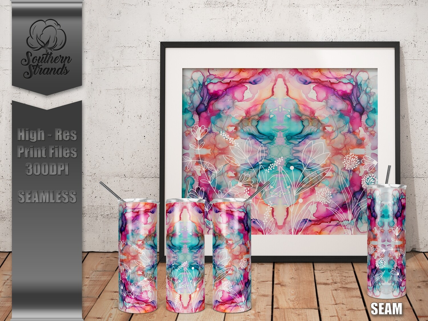 Floral Alcohol Ink 5  - Tumbler 20oz | SEAMLESS |  DIGITAL DESIGN