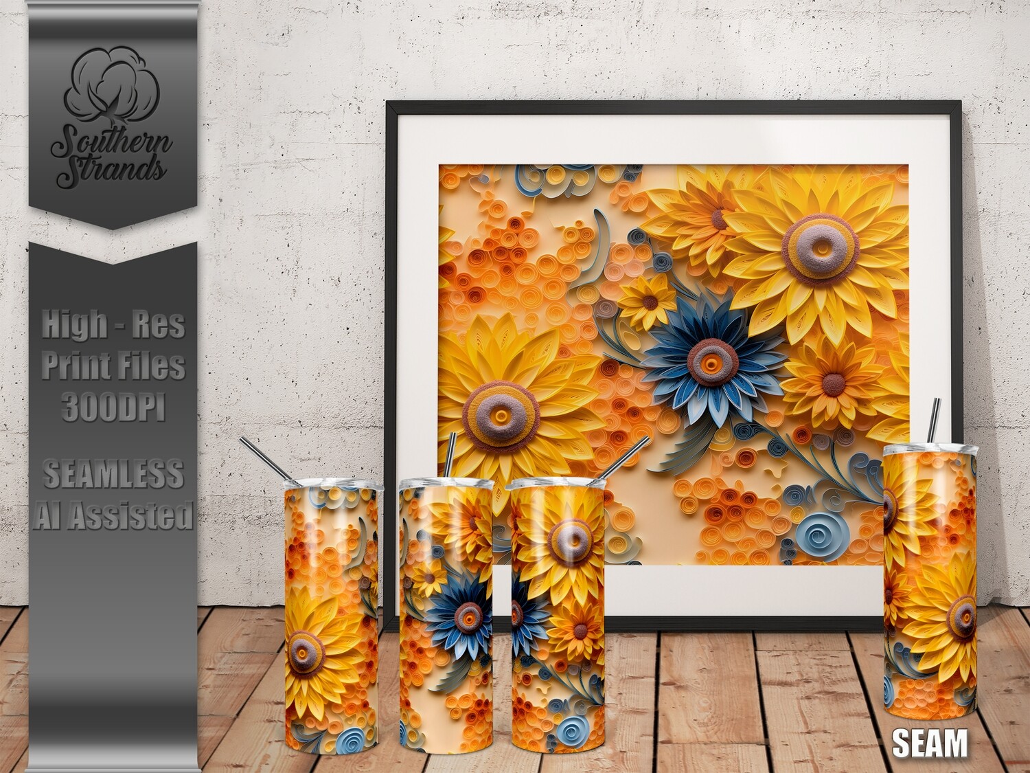 Paper Quill Sunflowers - Orange and Blue - 3D  - Tumbler 20oz | SEAMLESS |  DIGITAL DESIGN