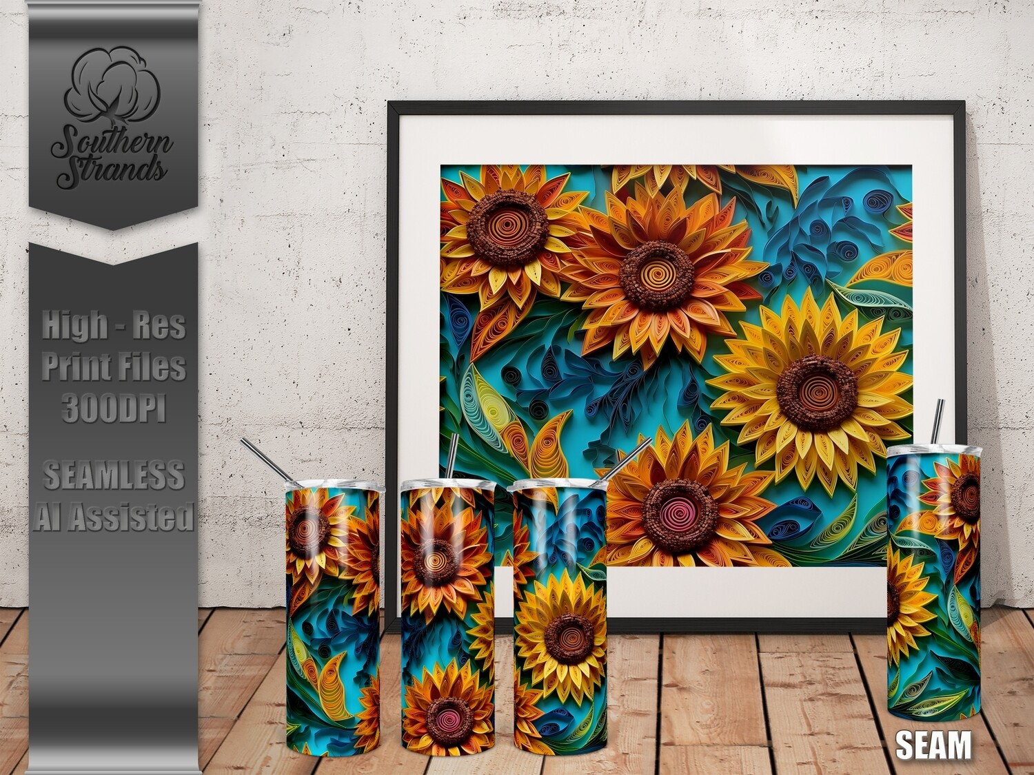 Paper Quill Sunflowers - Teal - 3D  - Tumbler 20oz | SEAMLESS |  DIGITAL DESIGN