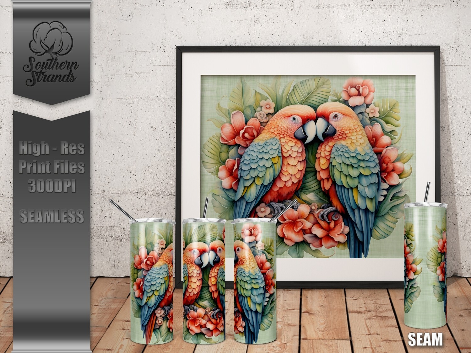 Tropical Birds and Flowers Tumbler 20oz | SEAMLESS |  DIGITAL DESIGN