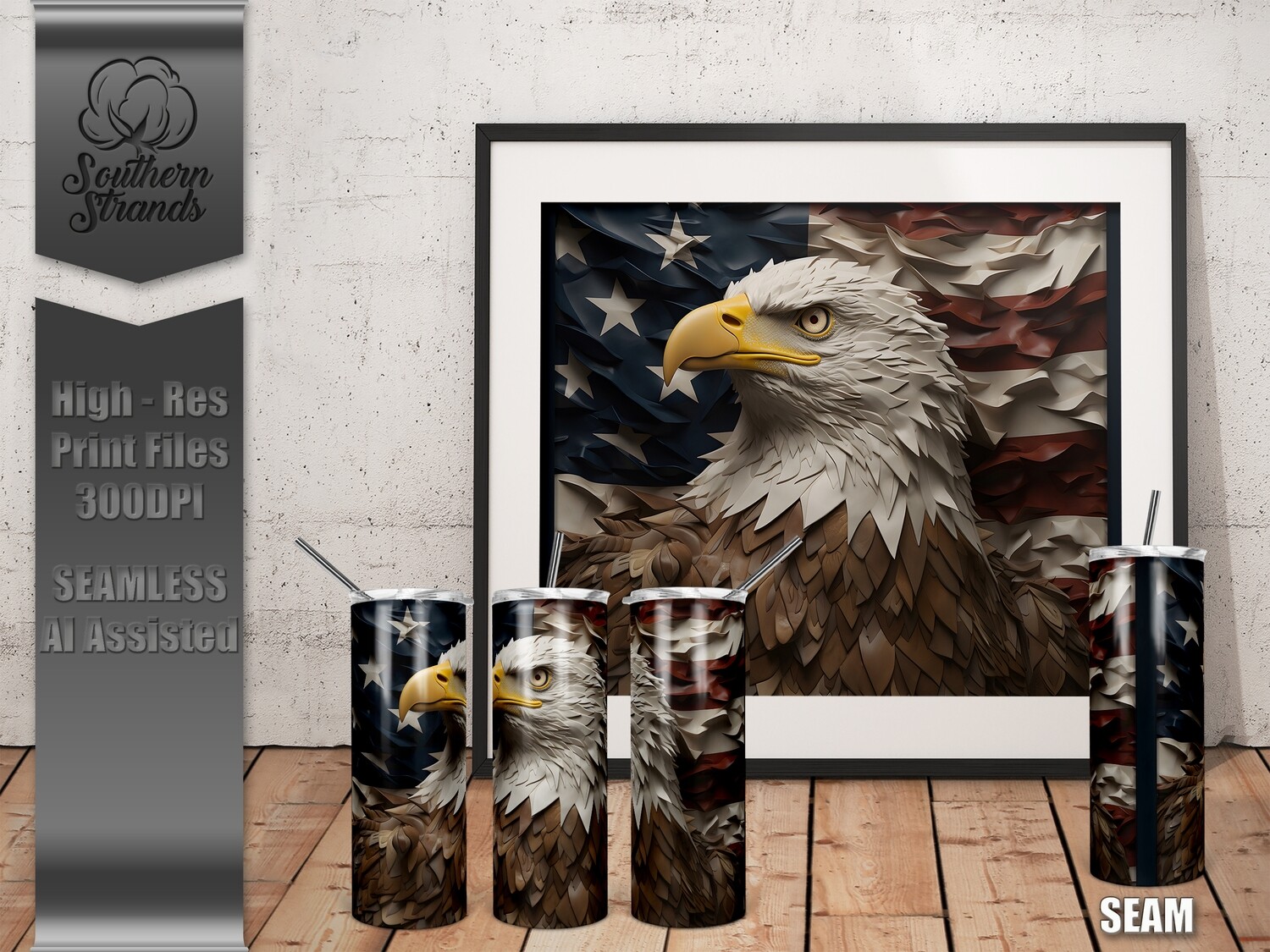 American Flag - Bald Eagle - Metal and Leather Tumbler 20oz | SEAMLESS |  DIGITAL DESIGN