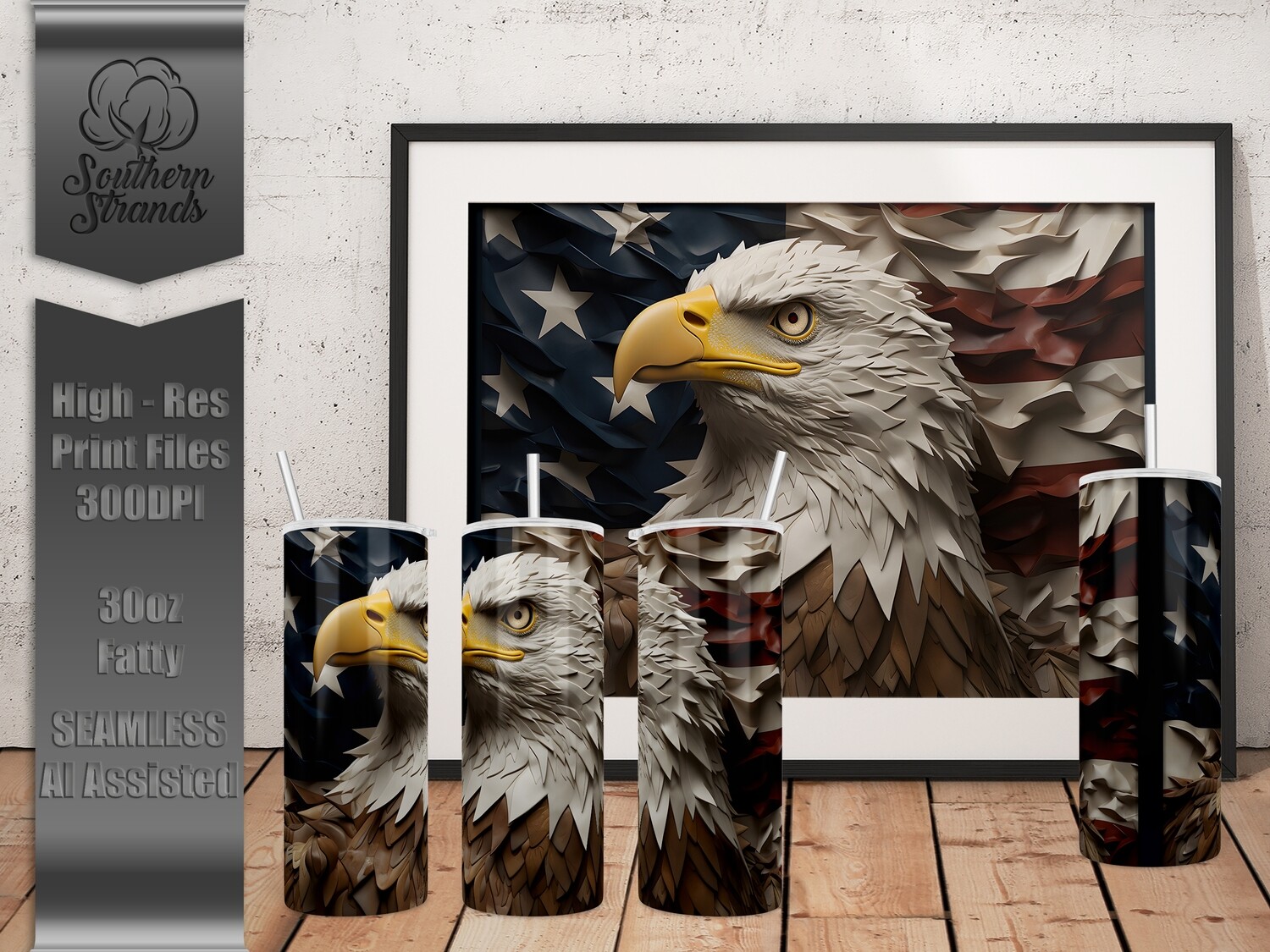 American Flag - Bald Eagle - Metal and Leather Tumbler 30oz Fatty | SEAMLESS |  DIGITAL DESIGN