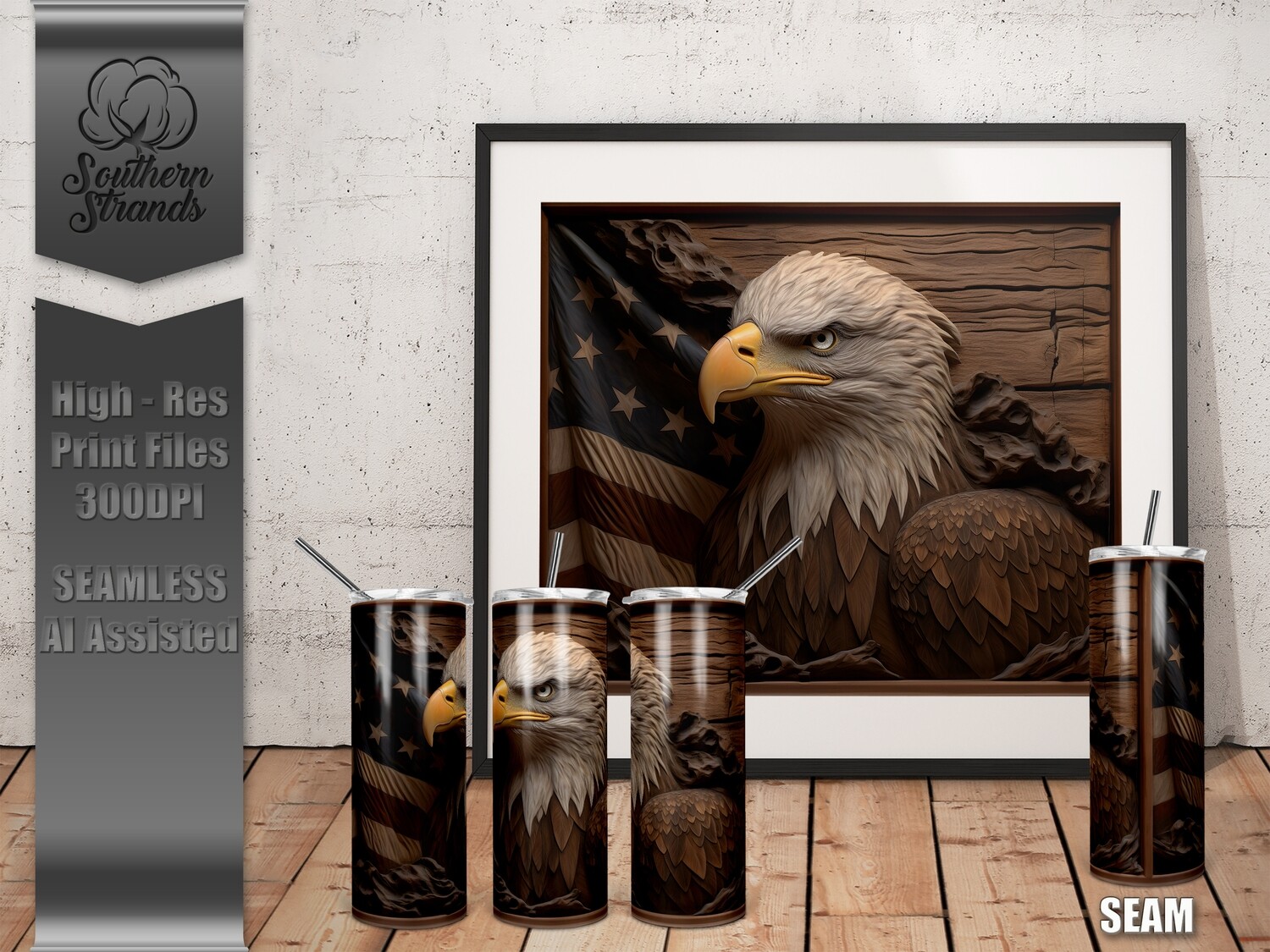 Wooden Hand Carved Patriotic Eagle Tumbler 20oz | SEAMLESS |  DIGITAL DESIGN