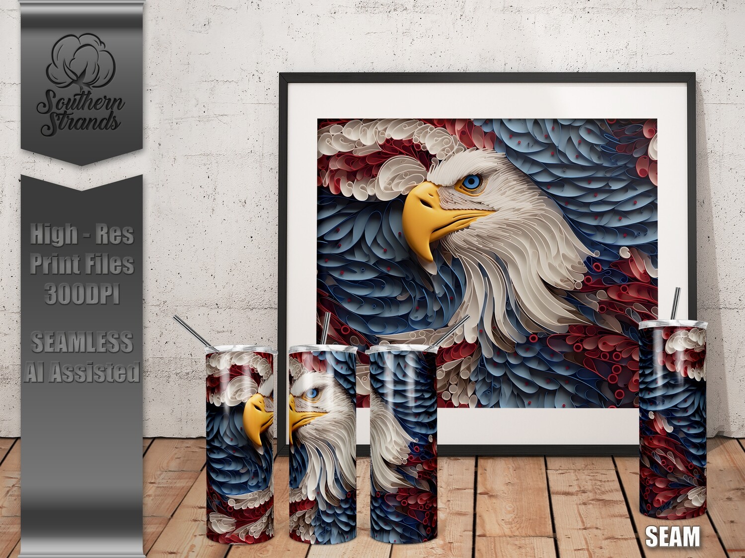 American Eagle Red White and Blue Quilled Paper Tumbler 20oz | SEAMLESS |  DIGITAL DESIGN