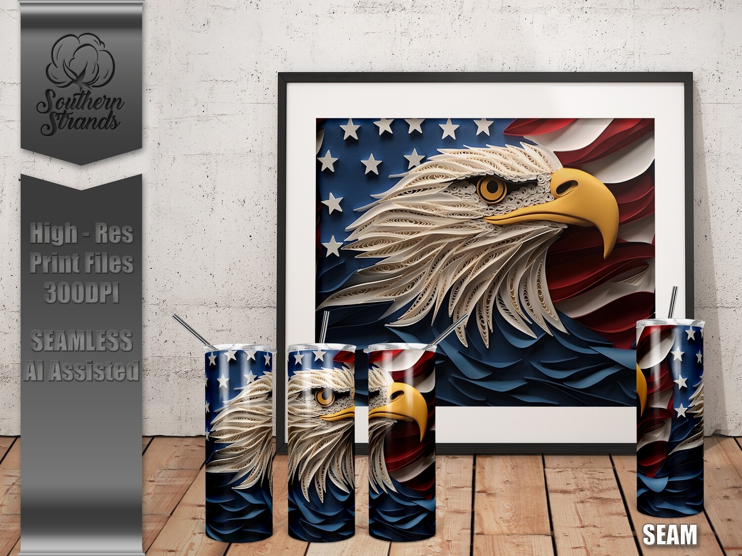 American Flag - Eagle Quilled Paper 3D Tumbler 20oz | SEAMLESS |  DIGITAL DESIGN