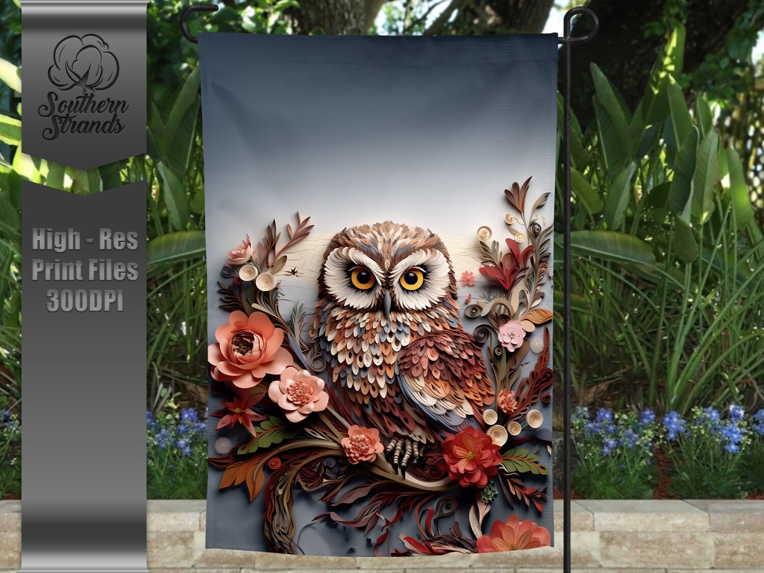 Quilled Paper Owl Garden Flag - No Text |  DIGITAL DESIGN