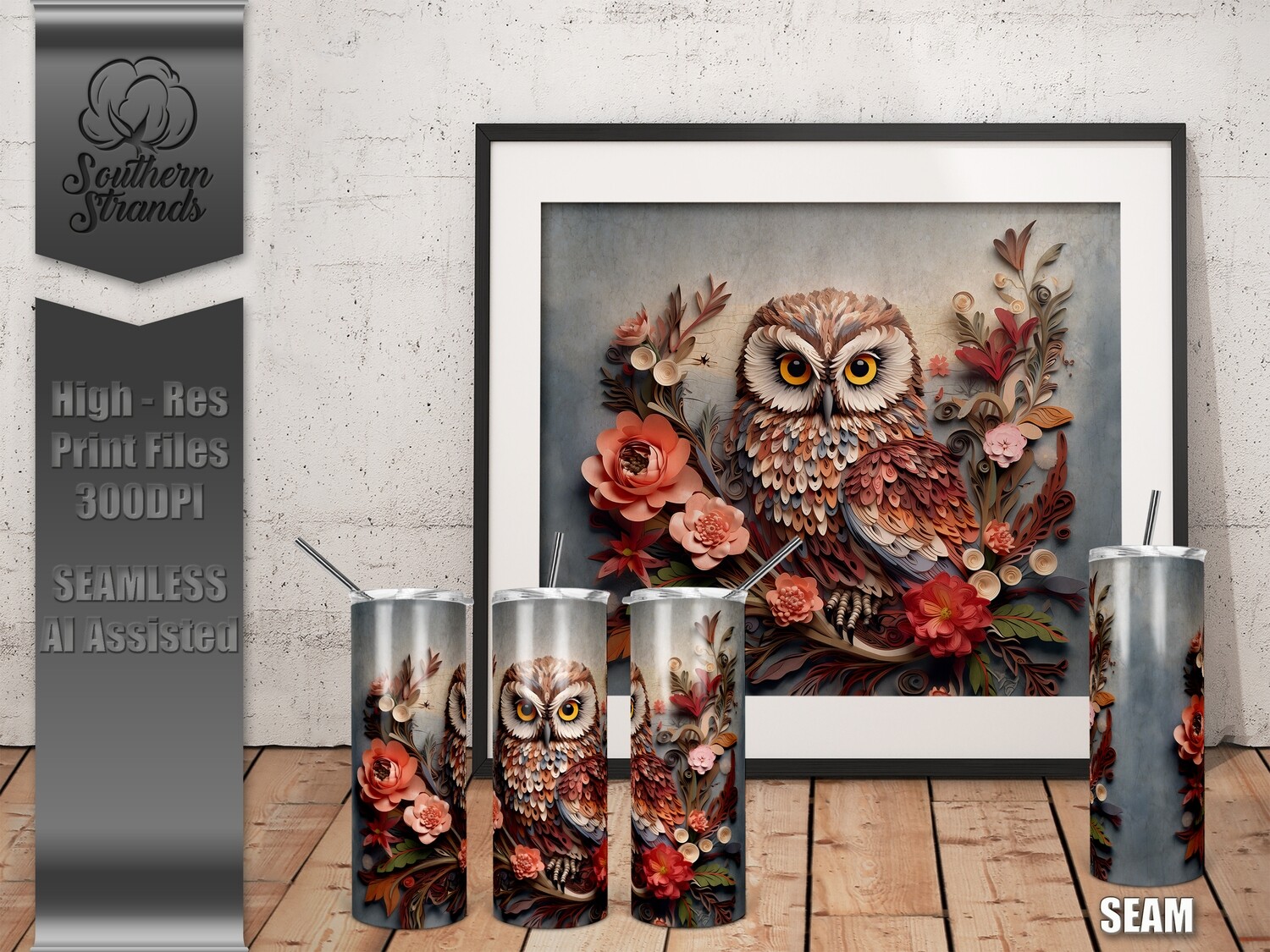 Quilled Paper Owl Tumbler 20oz | SEAMLESS |  DIGITAL DESIGN