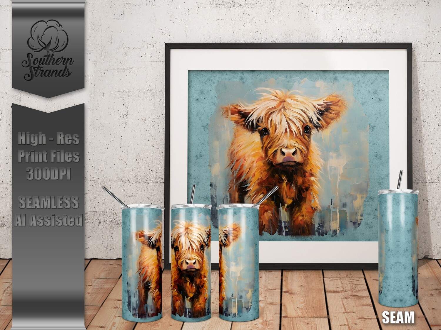 Baby Highland Cow Textured Painted Tumbler Blue Paper 20oz | SEAMLESS |  DIGITAL DESIGN