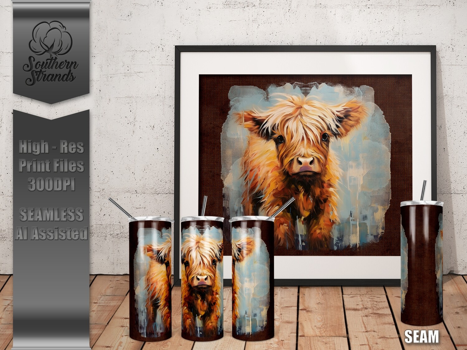Baby Highland Cow Textured Painted Tumbler Brown Linen 20oz | SEAMLESS |  DIGITAL DESIGN