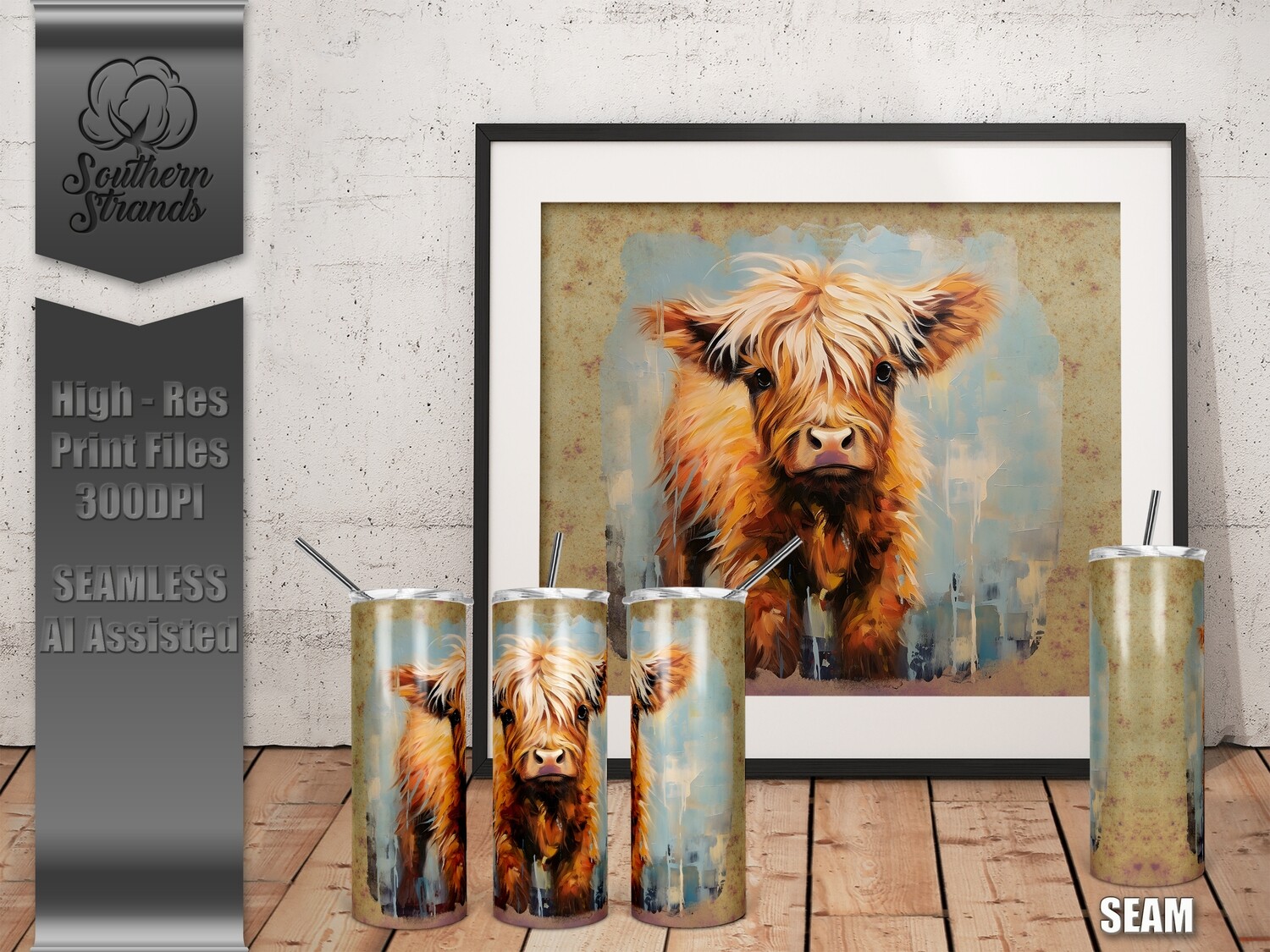 Baby Highland Cow Textured Painted Tumbler Golden Paper 20oz | SEAMLESS |  DIGITAL DESIGN