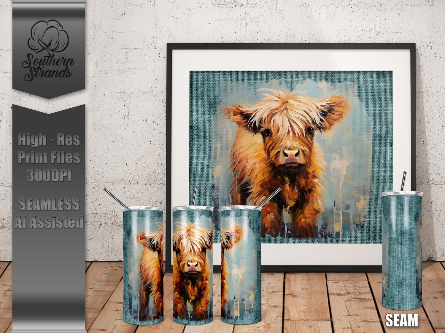 Baby Highland Cow Textured Painted Tumbler Blue Linen 20oz | SEAMLESS |  DIGITAL DESIGN