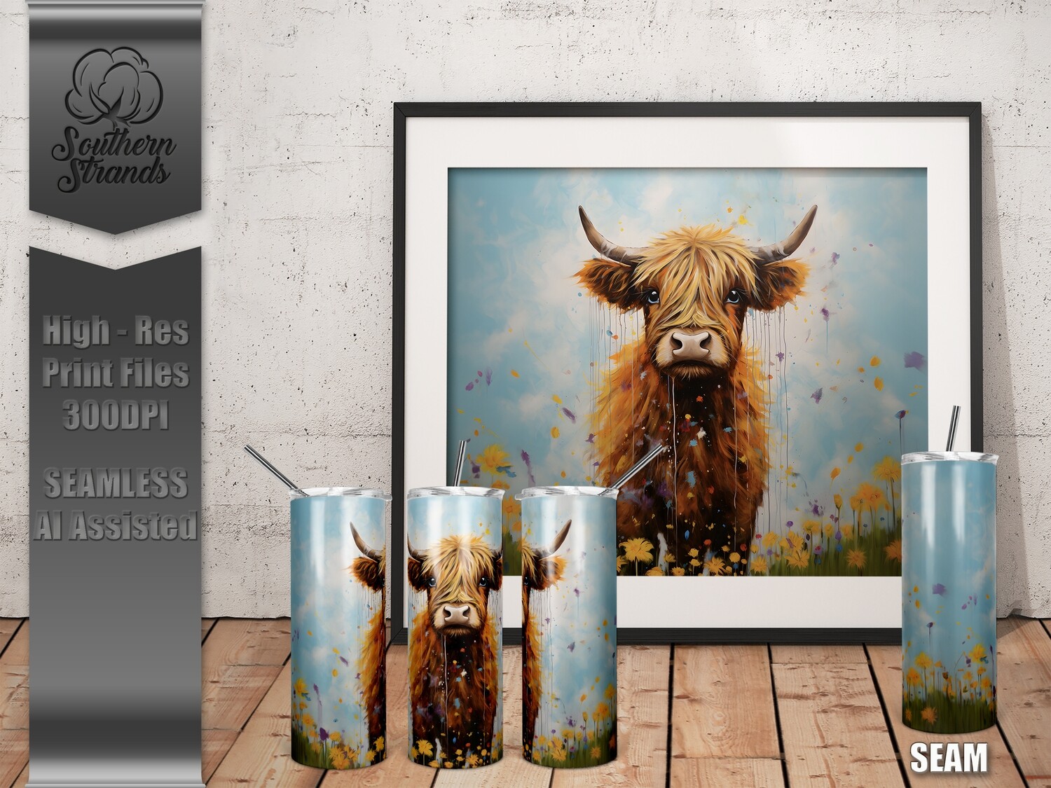 Painted Highland Cow Tumbler 20oz | SEAMLESS |  DIGITAL DESIGN