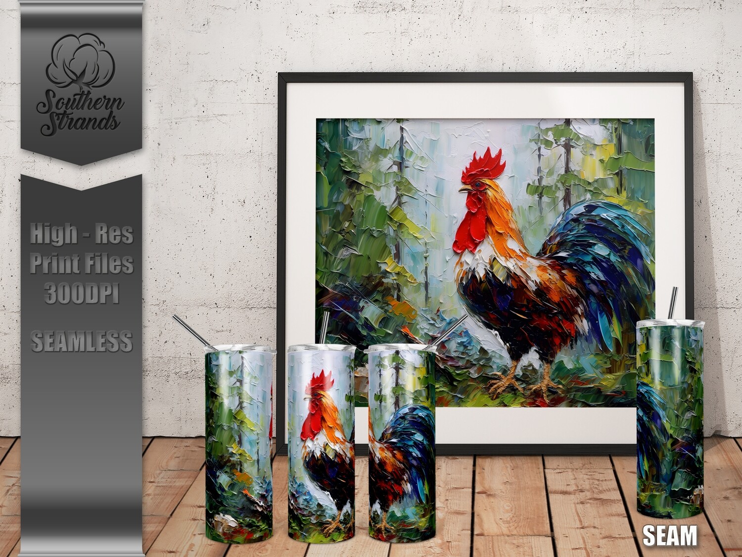 Painted Rooster Tumbler 1 20oz | SEAMLESS |  DIGITAL DESIGN