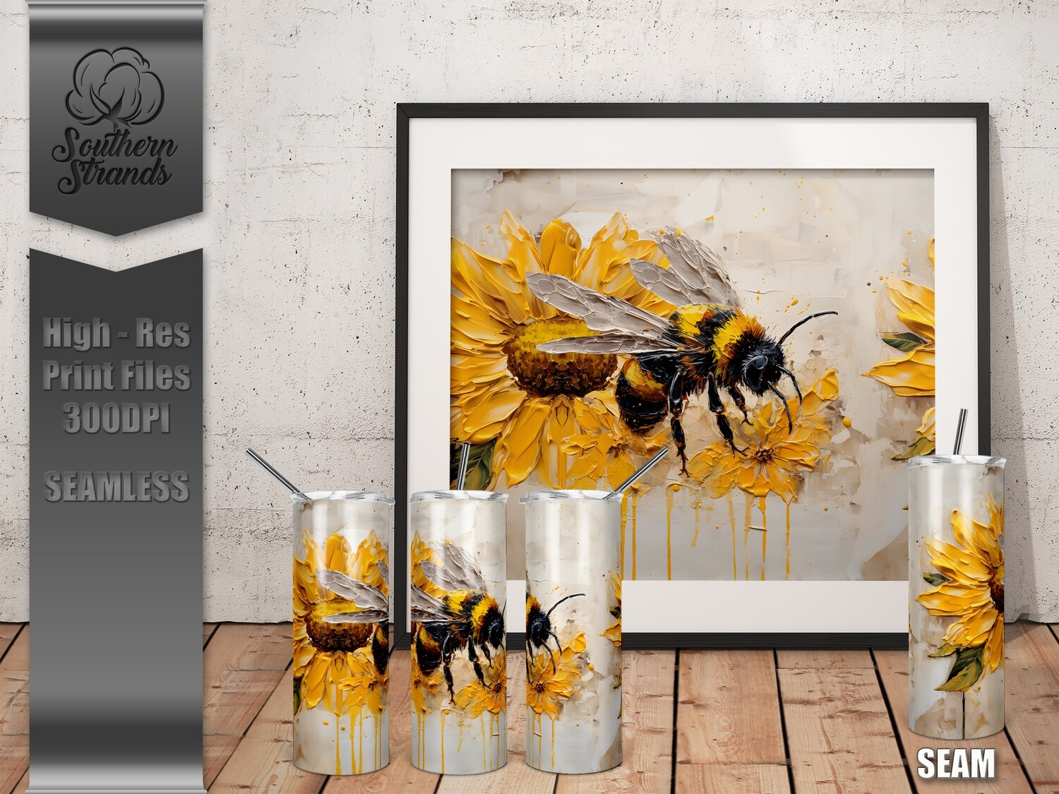 3D Painted Bees and Flowers Tumbler 20oz | SEAMLESS |  DIGITAL DESIGN