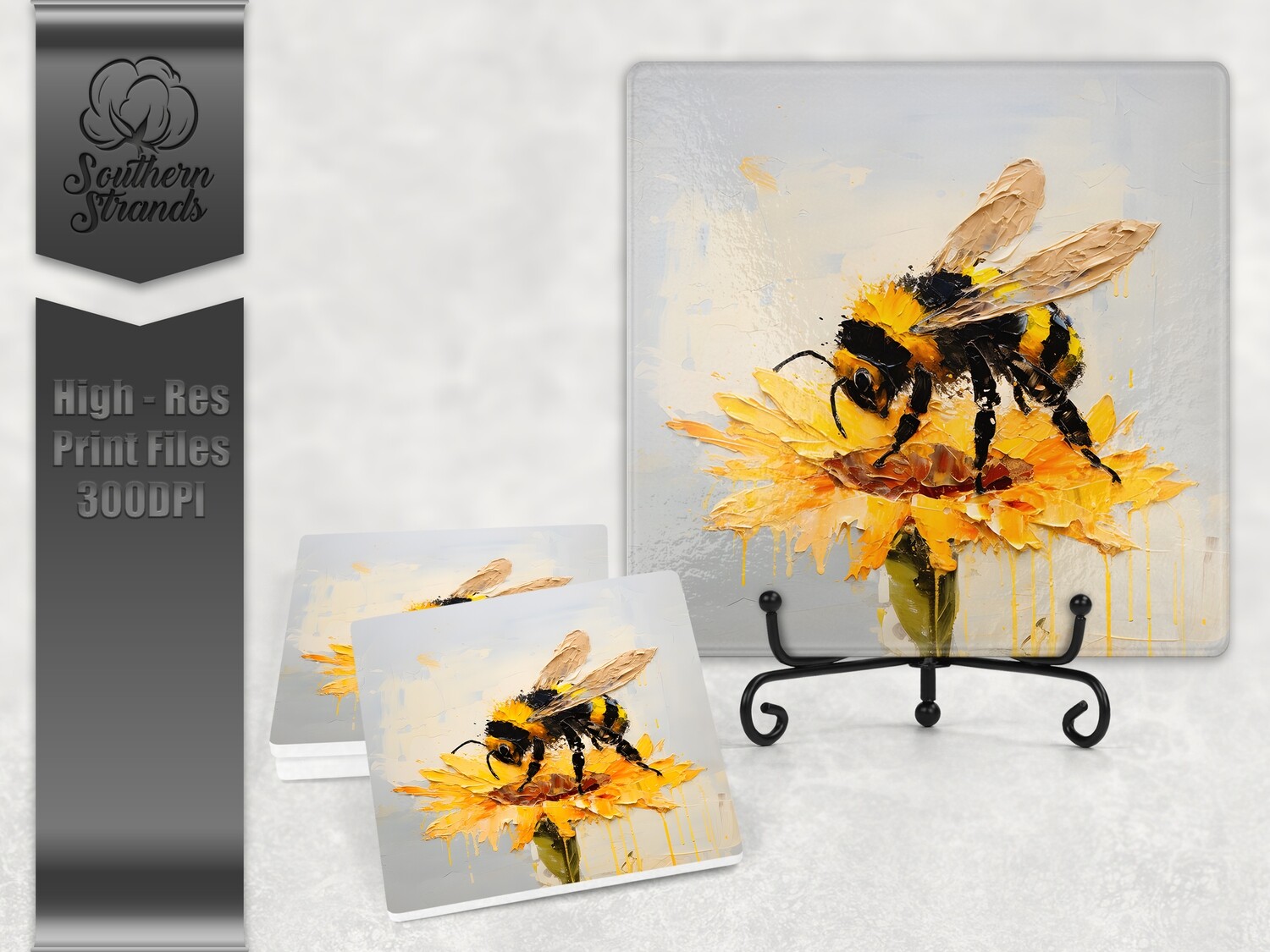 3D Painted Bees and Flowers - Works with Square and Round | Digital Download